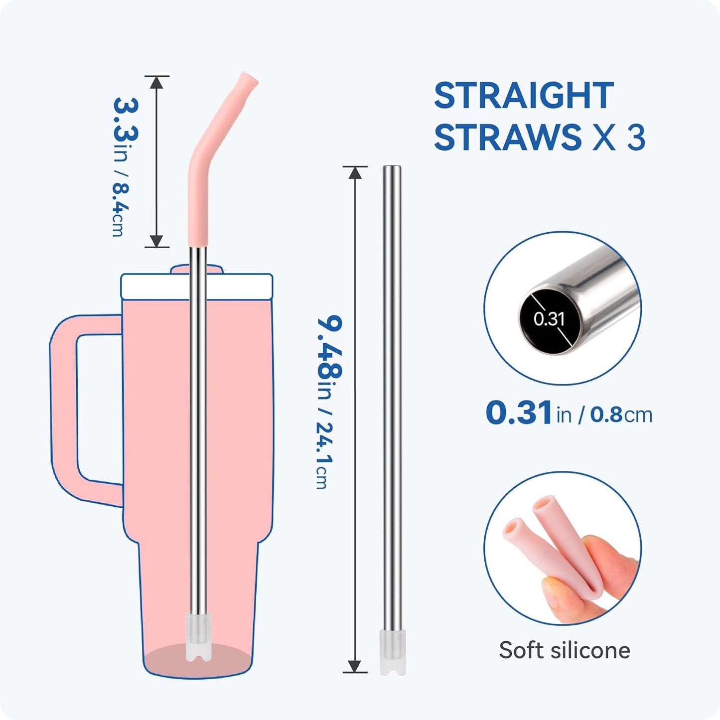 Reusable Metal Straws with Silicone Tip for Stanley 30oz,Stainless Steel Drinking Straws for 30oz Tumbler,3 Straight Tubes & 6 Tips& 1 Cleanr Brush (Chambray)