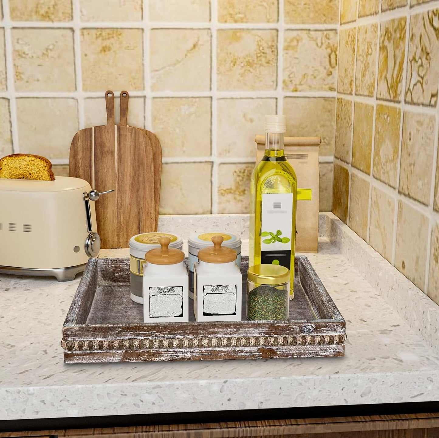 MAONAME Wood Serving Tray, Farmhouse Wooden Tray for Coffee Table, Rustic Square Trays with Beads, Vintage Brown Decorative Trays for Living Room, Kitchen, 12" X 12" X 1.6"