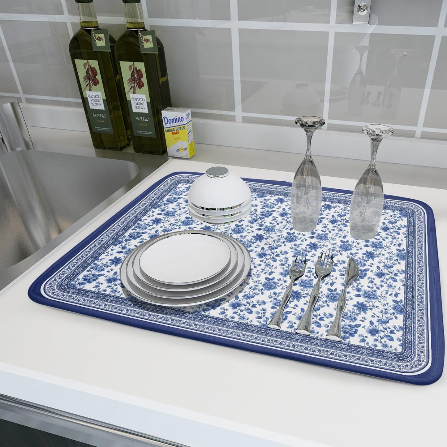 Blue Floral Branches Dish Drying Mat for Kitchen Counter Chinoiserie Pattern Dish Drying Pad 18x24 In Absorbent Vintage Flowers Decor Dishes Drainer Pad Dish Dry Rack Mat for Counter Coffee Bar