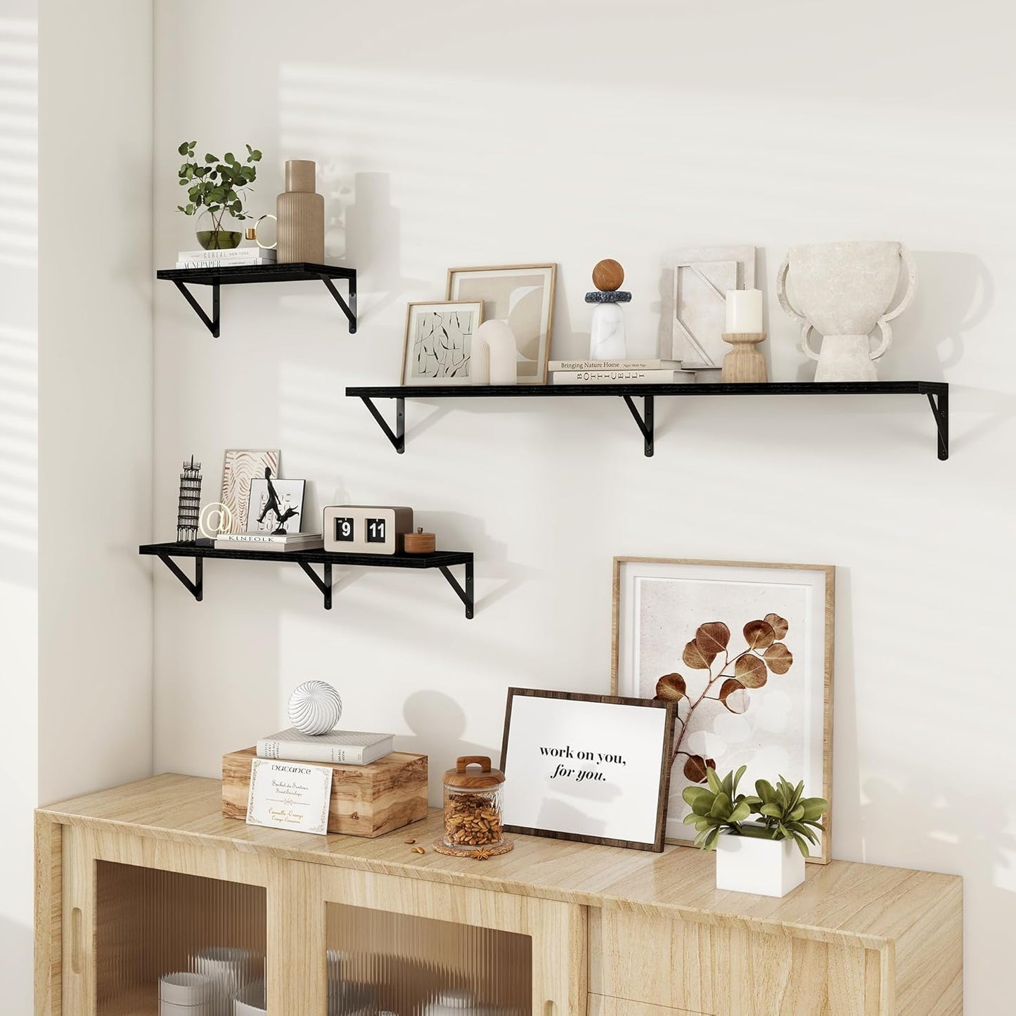 Dreamland 8 inch Deep Floating Shelves for Wall, 55W x 8D Wall Mounted Shelves Set of 2, Wide Display Ledge Shelf with Sturdy Metal Brackets for Living Room, Bathroom, Bedroom and Kitchen, Black
