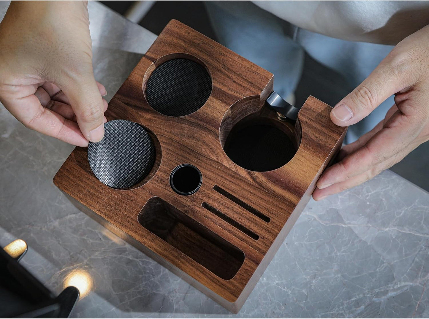 54mm Espresso Tamping Station V3 Walnut Portafilter Holder Espresso Organizer for Breville Machines with Tamper Holder, Distributor Slot, and Multi Accessory Storage
