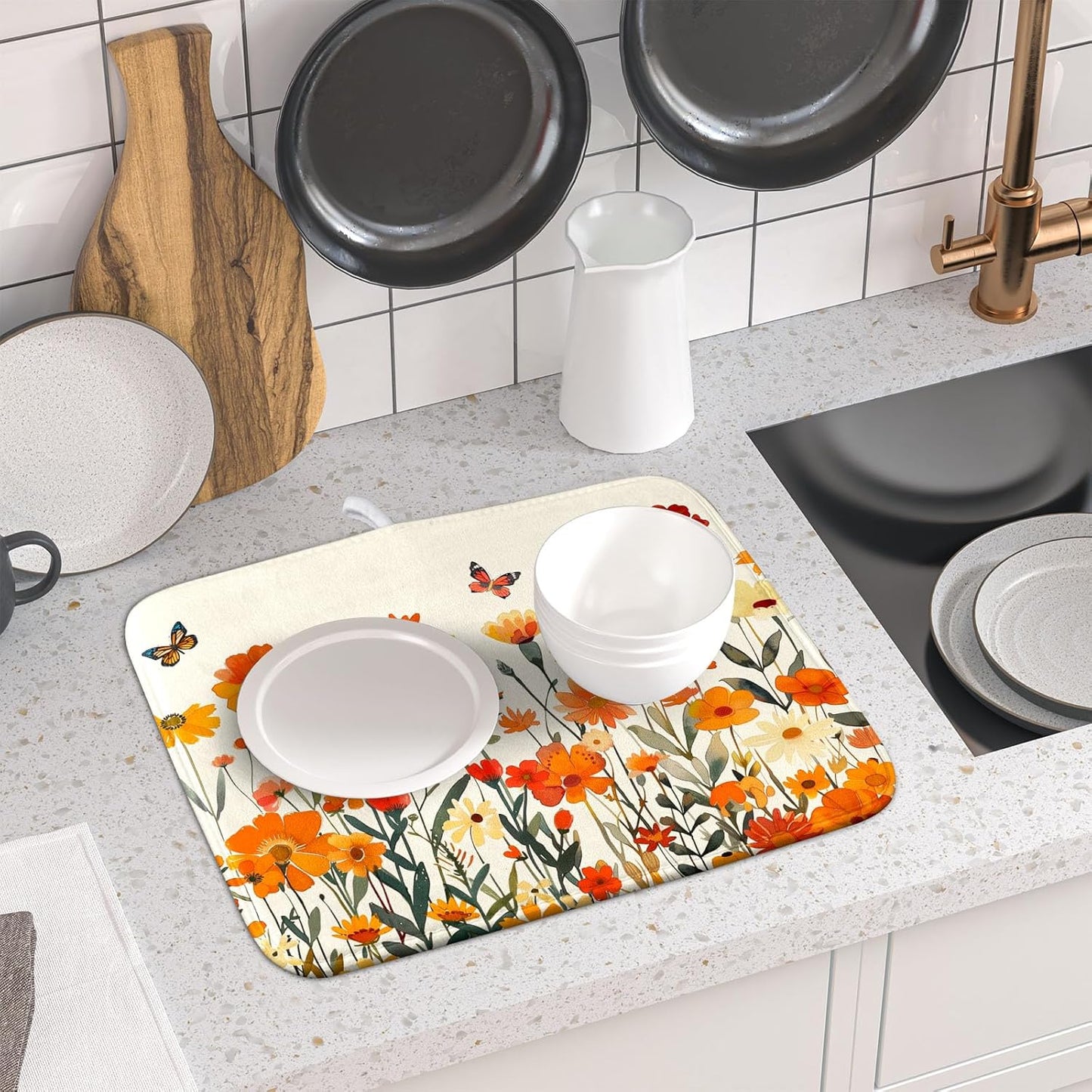 Fall Orange Wildflower Dish Drying Mat for Kitchen Counter,Autumn Floral Butterflies Drying Mat 16 x 18 Inch with Absorbent Reversible Microfiber Dish Drying Pad Dish Pad for Coffee Bar