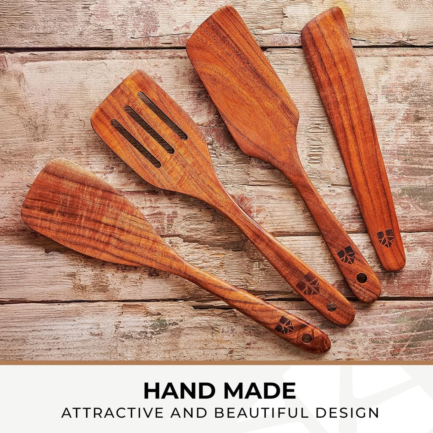 Wooden Spatula for Cooking, Teak Spatulas for Kitchen Use - Wooden Cooking Utensils Set of 4 including Paddle, Turner, Slotted Spurtle and Wood Scraper. Nonstick cookware.