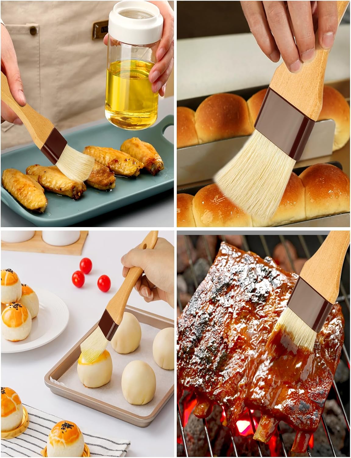Basting Brush,Pastry Brush 1.5" & 1" - Natural Bristle Cooking Brush for Baking,Not Shed Food Grade Brush,Butter Brushes,Cooking Brush for Oil and Sauce,Kitchen Turkey Baster,Egg Wash Brush(4 Pc)