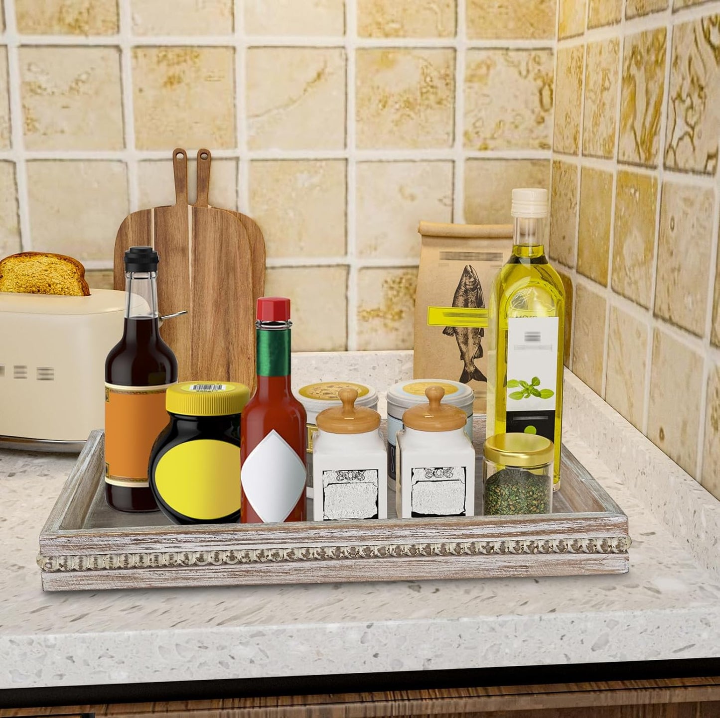 MAONAME Wood Serving Tray, Farmhouse Wooden Tray for Coffee Table, Rustic Rectangle Trays with Beads, Washed White Decorative Trays for Living Room, Kitchen, 15.7" X 11.8" X 1.57"