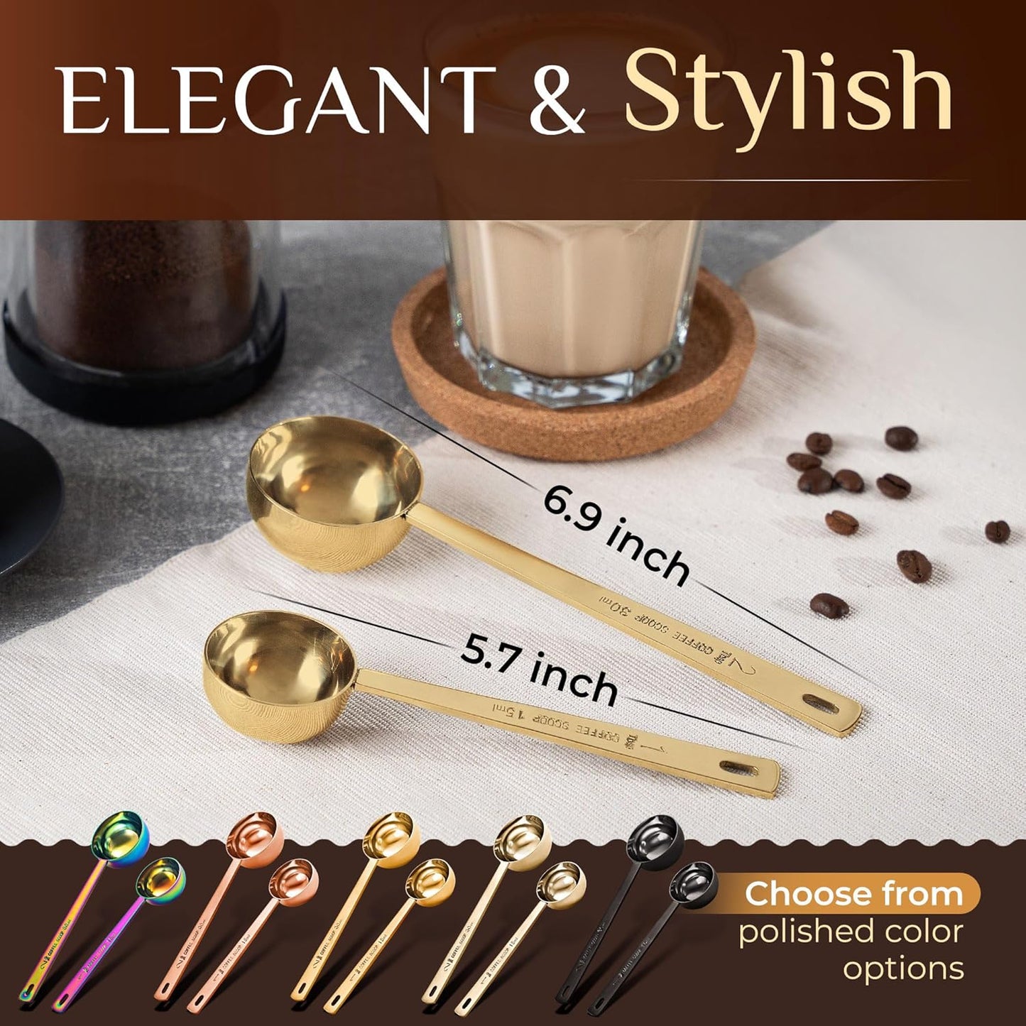 Orblue Premium Coffee Scoop Set - 1 Tbsp (15ml) & 2 Tbsp (30ml) Measuring Tablespoon - Stainless Steel Coffee Measuring Spoon and Scooper with Long Handles - Pack of 2 - Rose Gold