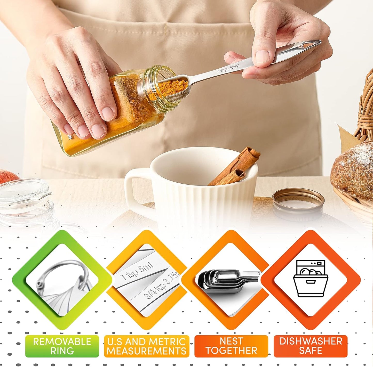 Spring Chef Stainless Steel Measuring Spoons Set of 6 with Leveler, Rectangular Metal Teaspoon & Tablespoon Measuring Spoons for Dry & Liquid Ingredients - Nesting Kitchen Gadgets For Baking & Cooking