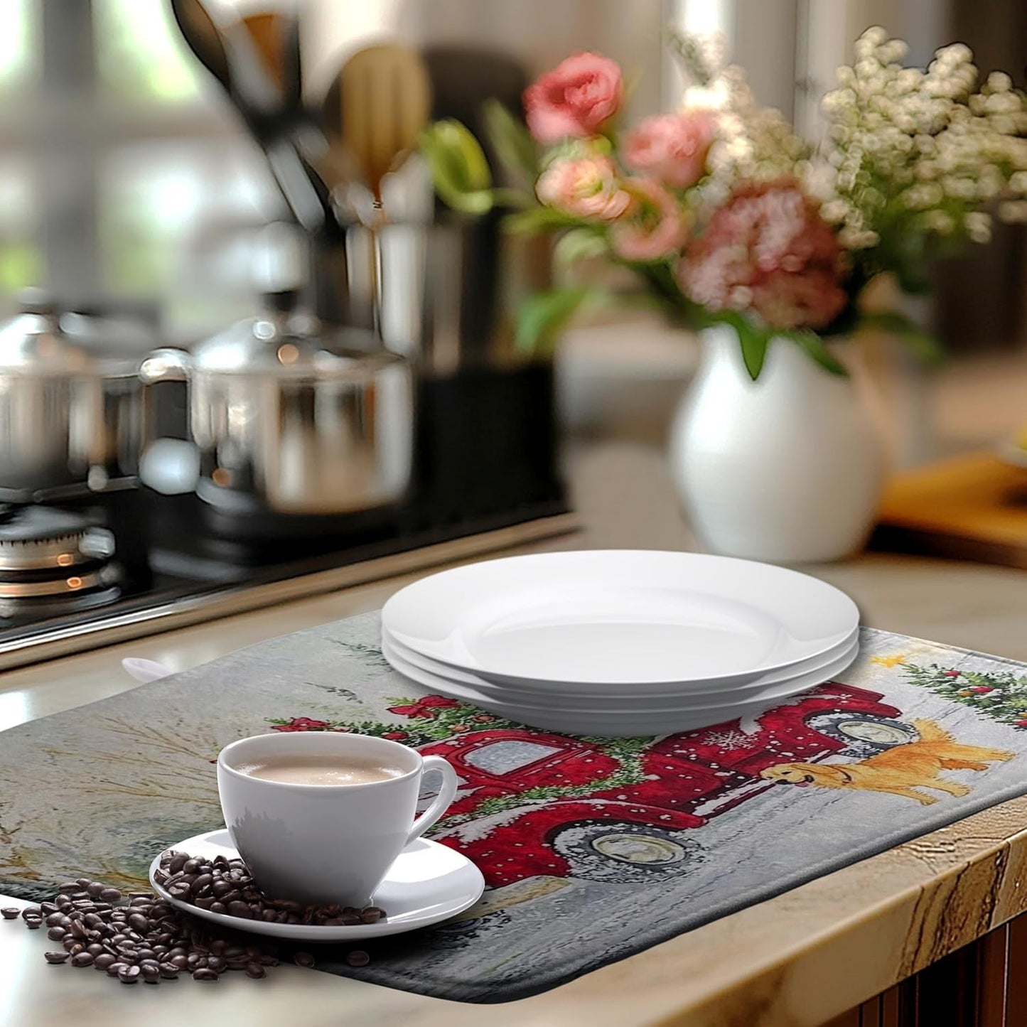 Christma Red Truck Dish Drying Mat Winter Dog Large Kitchen Mats Dish Drying Pad Xmas Tree Vintage Absorbent Dish Dryer Mat for Kitchen Countertops Microfiber Drainer Pad Dish Drying Mats (18x24 in)