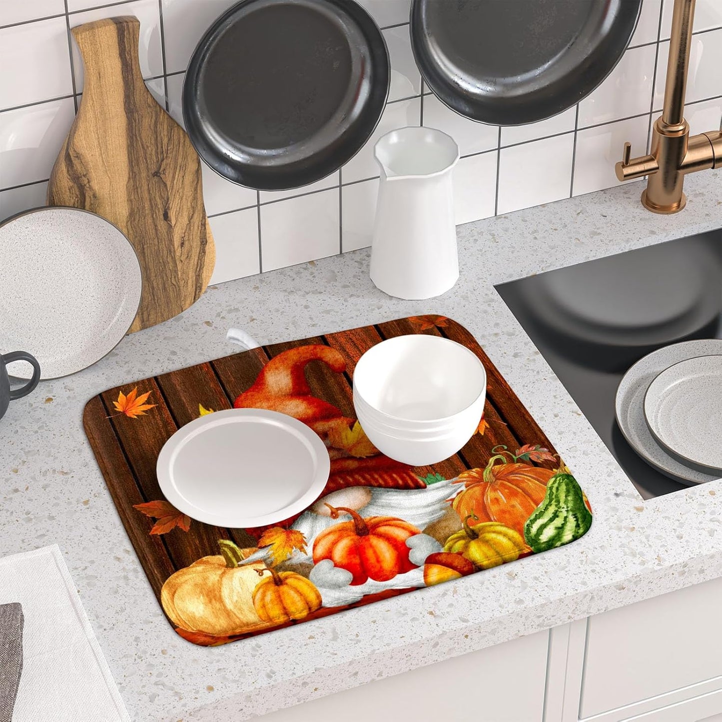 Fall Gnome Dish Drying Mat for Kitchen Counter,Autumn Pumpkin Maple Leaves Drying Mat 16 x 18 Inch Microfiber Dark Brown Wood Dish Drying Pad Dish Rack Drainer Mat Thanksgiving Day Decor