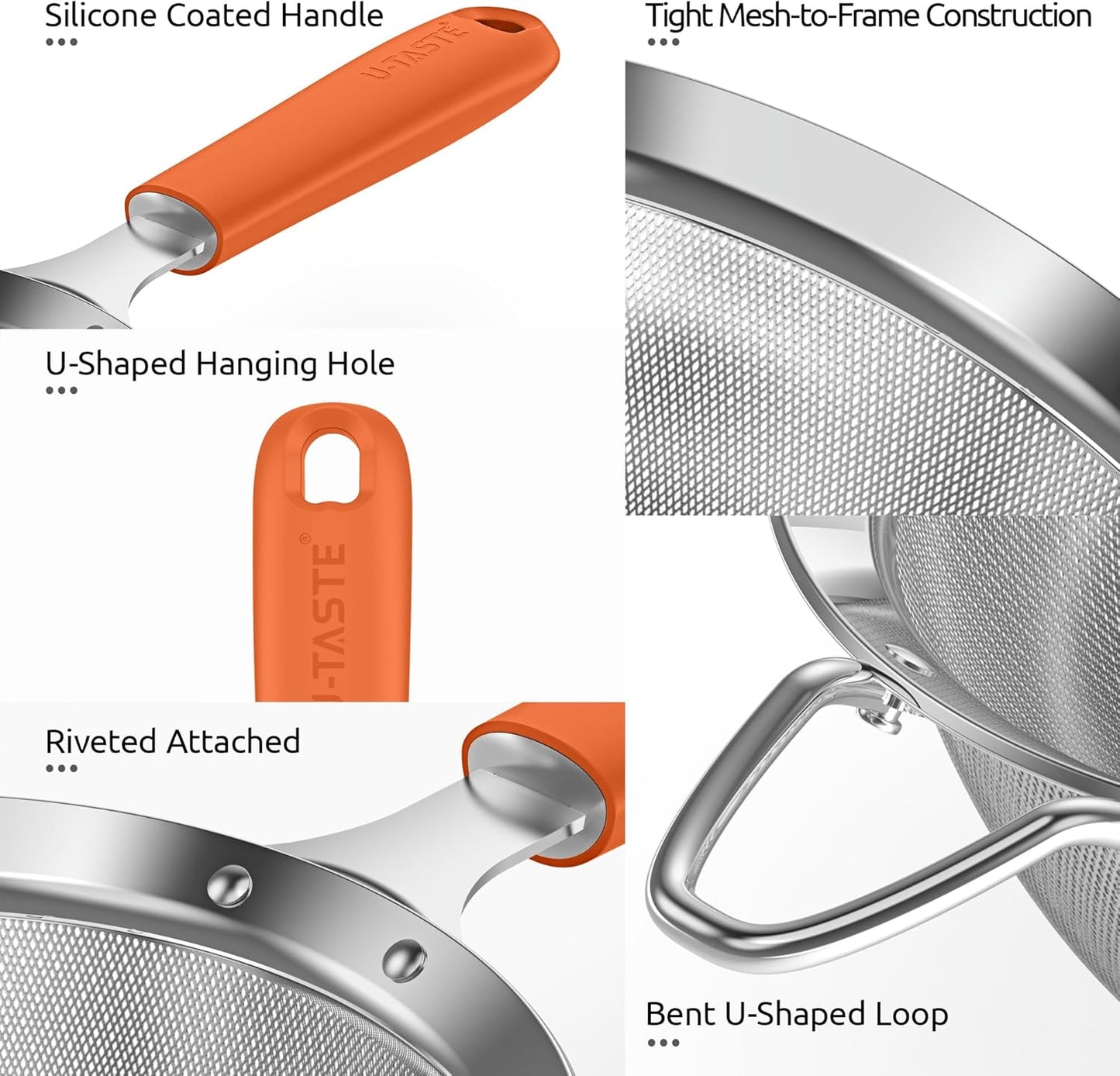 U-Taste Medium Fine Mesh Strainer: 18/8 Stainless Steel 4.73in 30 Mesh Kitchen Food Sieve with Sturdy Riveted Silicone Handle, Heavy Duty Deep Handheld Metal Colander for Rice, Quinoa, Flour (Orange)