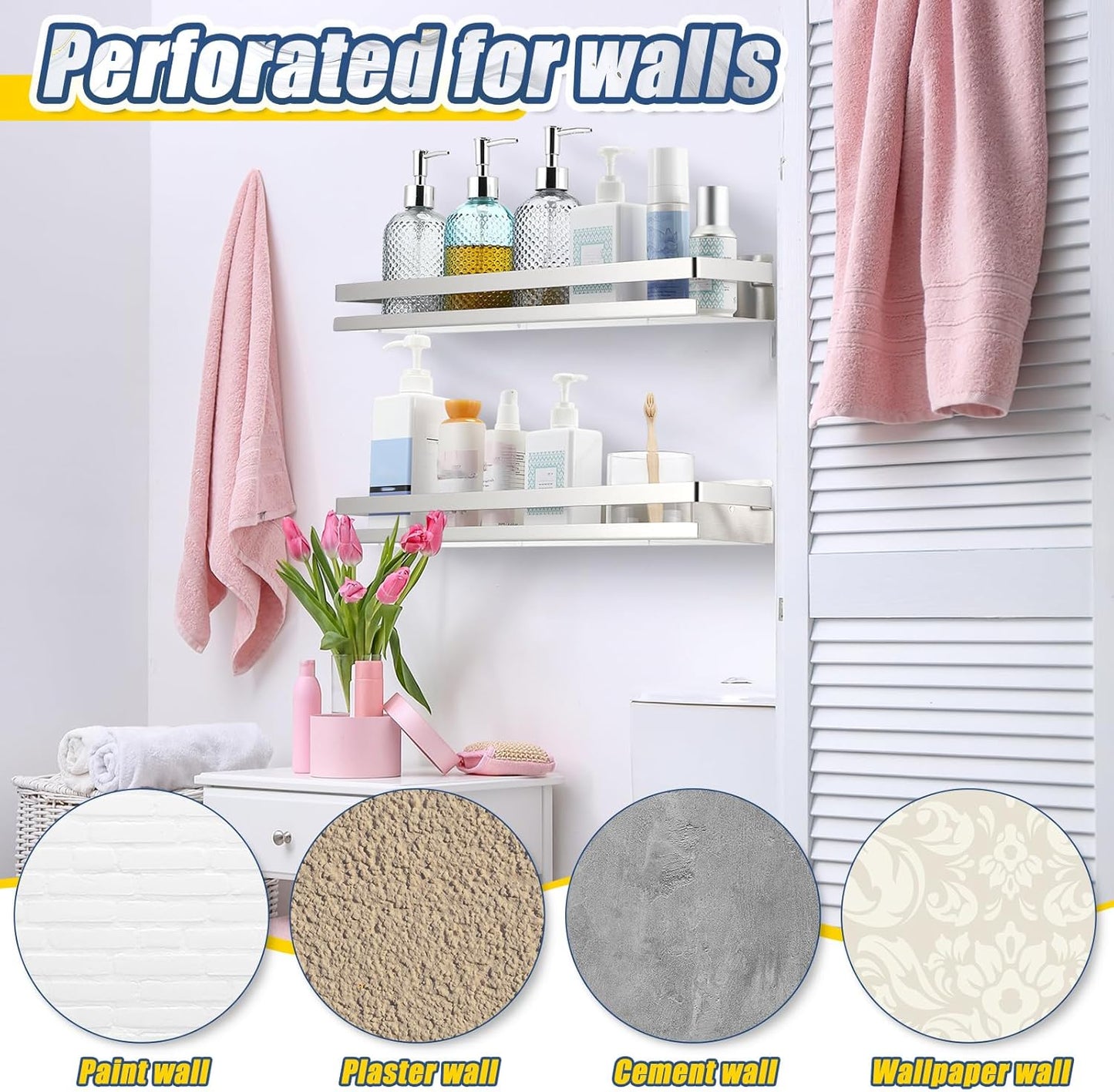 Lallisa 2 Pieces Stainless Steel Shelf Bathroom Shower Floating Shelves Wall Mounted Shower Caddy Basket Shelf Storage Organizer Shelves for Bathroom, Kitchen, Living Room(19.69 Inches/ 50 cm,Silver)