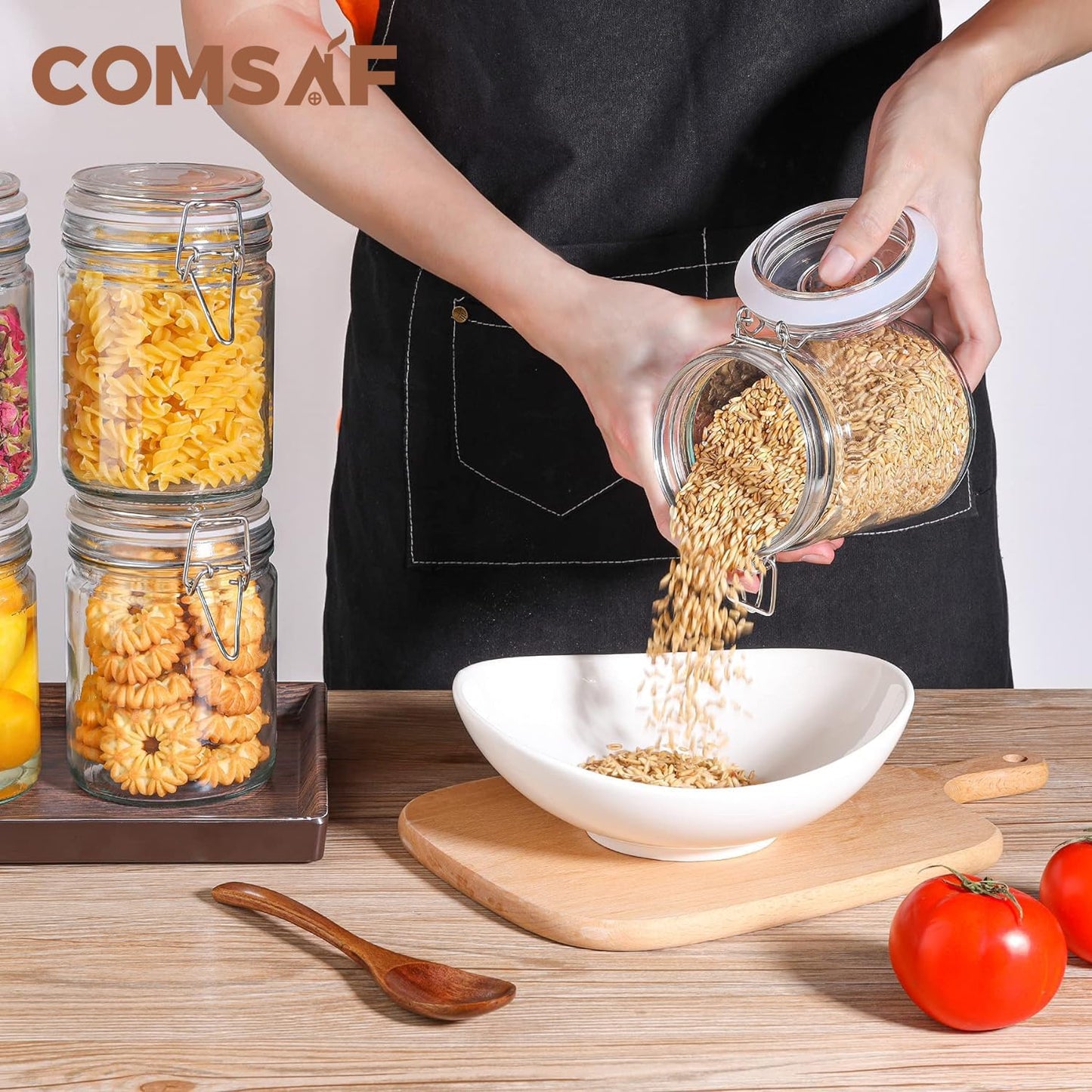 ComSaf Airtight Glass Canister with Lid Set of 6, 25oz Food Storage Jar, Mason Jars, Storage Container with Seal Wire Clamp Fastening for Kitchen Fermenting Preserving Canning Pasta Flour Cereal
