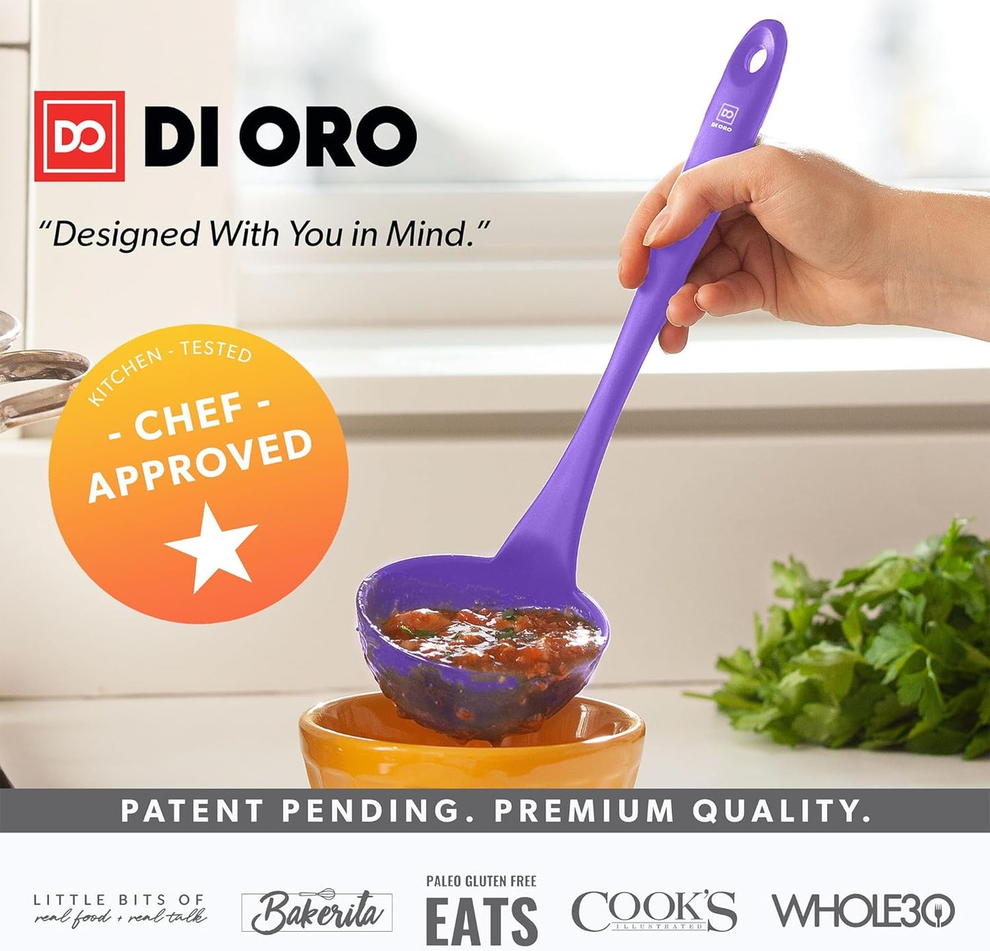 DI ORO Silicone Ladle – Soup Ladle for Cooking & Serving Heat-Resistant - Large Kitchen Ladle Nonstick Cookware Safe - Soup Serving Spoon with Wide Bowl - Silicone Utensil Dishwasher Safe (Lavender)