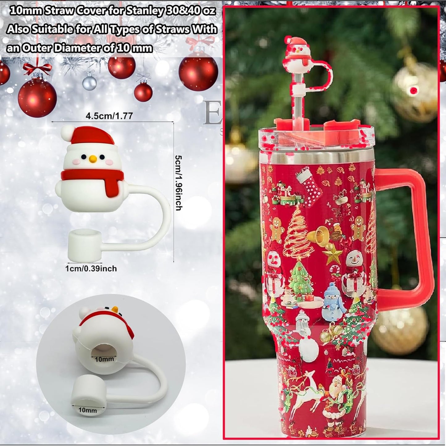 8PCS Christmas Straw Toppers for Stanley Cup Holiday Straw Cover for Stanley 30oz & 40oz Tumbler with Handle,10 mm Silicone Straws Topper Cap for Party Favor