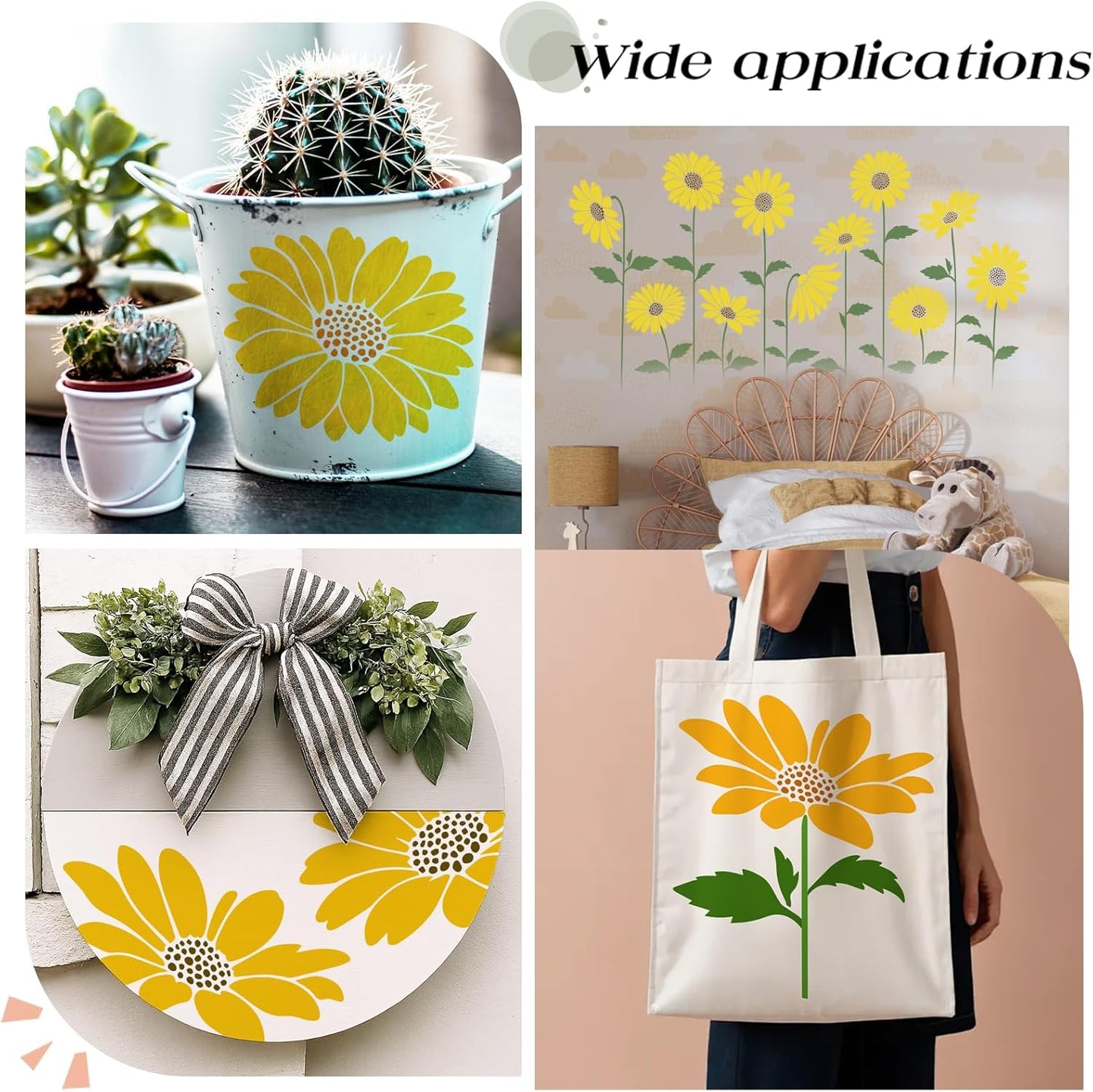 15PCS Large Flower Stencils for Wood Fence 12 x 12 Inch Sunflower Stencil with Brushes Reusable Floral Wall Stencil Sunflower Stencils for Painting on Walls Furniture Garden Fabrics