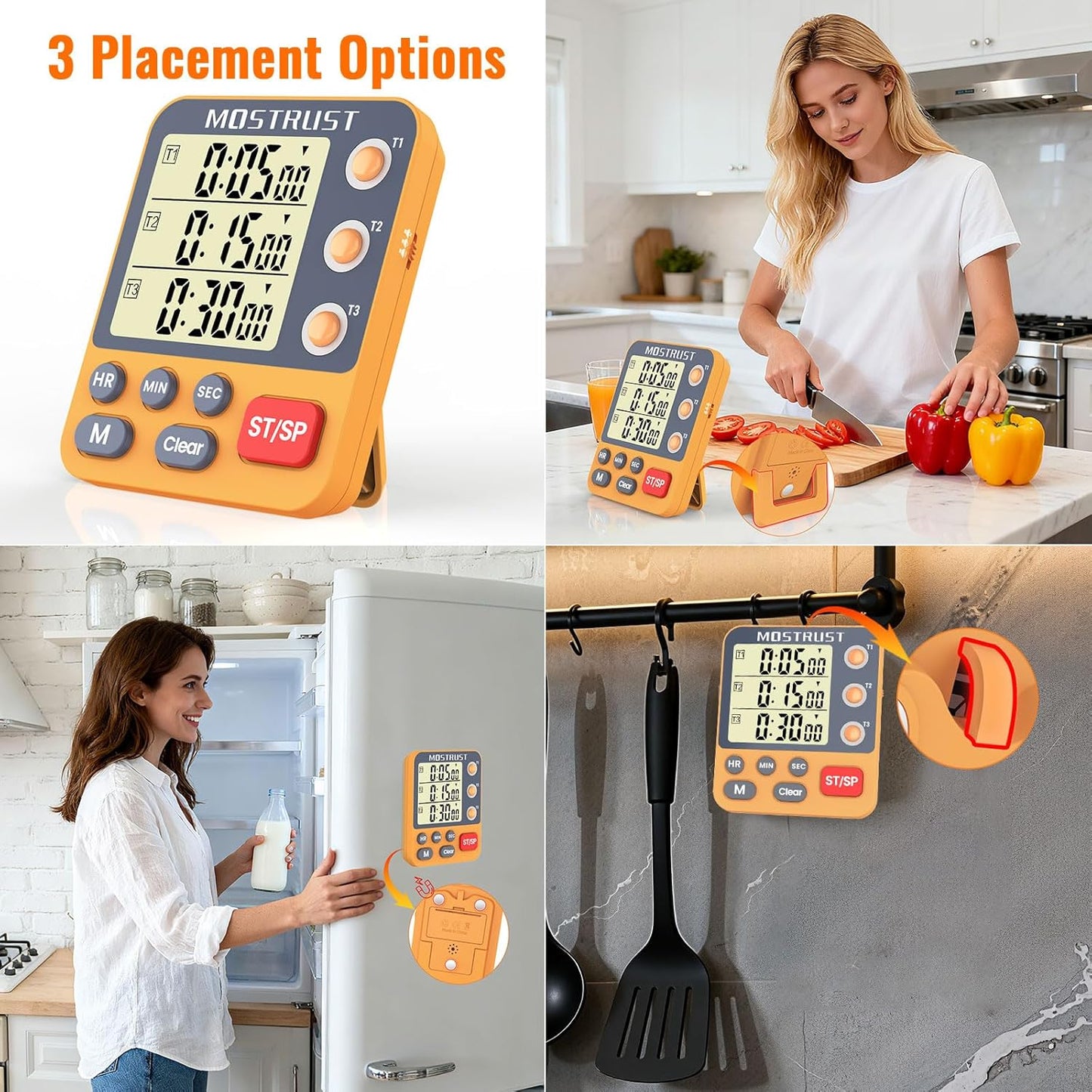 Digital Dual Kitchen Timer, 3 Channels Countdown Triple Timer for Cooking, Magnetic Memory-Preset Large Display Adjustable Alarm Volume, Multi Times Management, 3A Battery Included, Orange