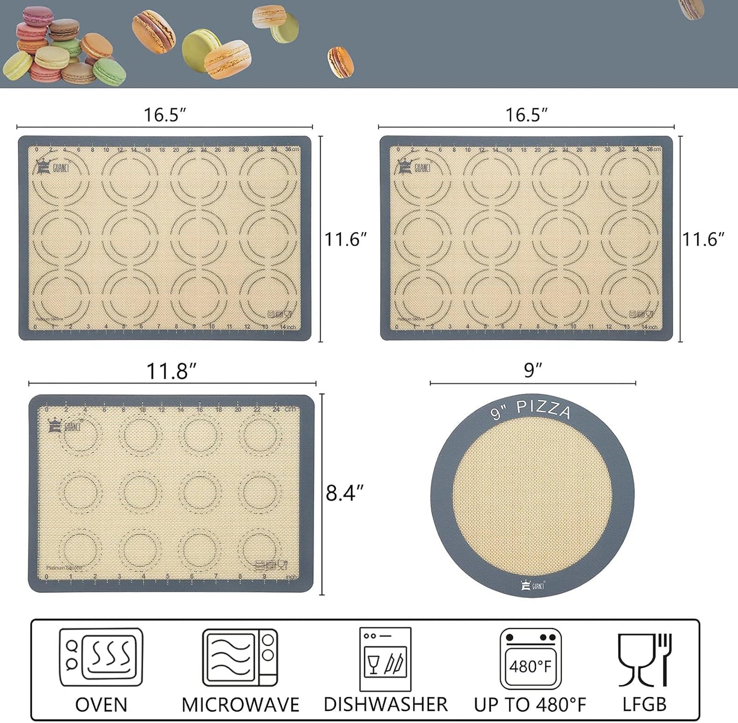 Silicone Baking Mat Set of 4, GUANCI Grade Food Baking mats Non-Stick Reusable Pizza Bakeware Mat for Making Macaroon, Pizza, Cookie, Pastry, Bread, Bun(Grey)