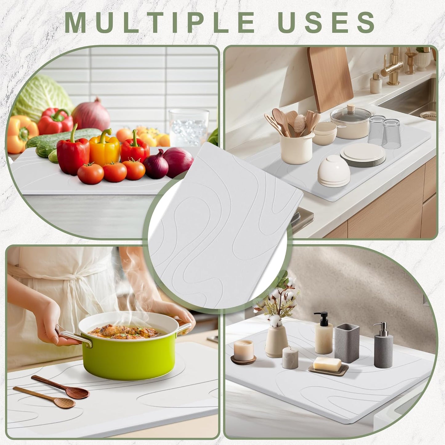 Large Stone Drying Mat for Kitchen Counter, 24" × 16" Diatomite Dish Drying Mat, Quick Dry Stone Mats, Ultra Absorbent Natural Diatomaceous Earth Mats for Dished, Bottles, White