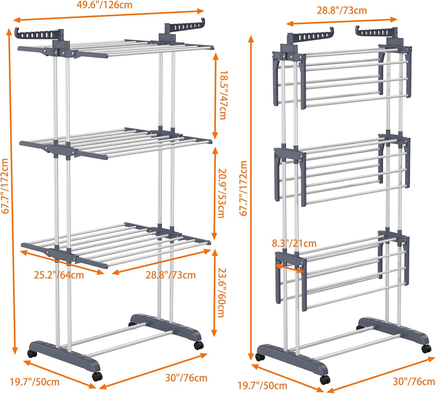 HOMIDEC Clothes Drying Rack, Oversized 4-Tier(67.7" High) Foldable Stainless Steel Drying Rack Clothing, Movable Drying Rack with 4 castors, 24 Drying Poles and 14 Hooks for Bed Linen, Clothing, Grey