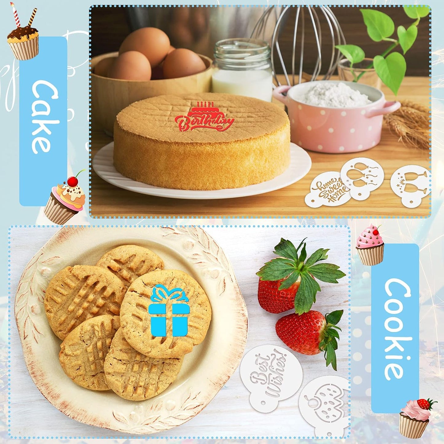 20 Pieces Birthday Cookie Stencil Templates Decoration Cookie Stencil for Birthday Coffee Cake Templates Reusable Painting Mold Tools, Dessert, Coffee Decorating Mold(Cake Style)