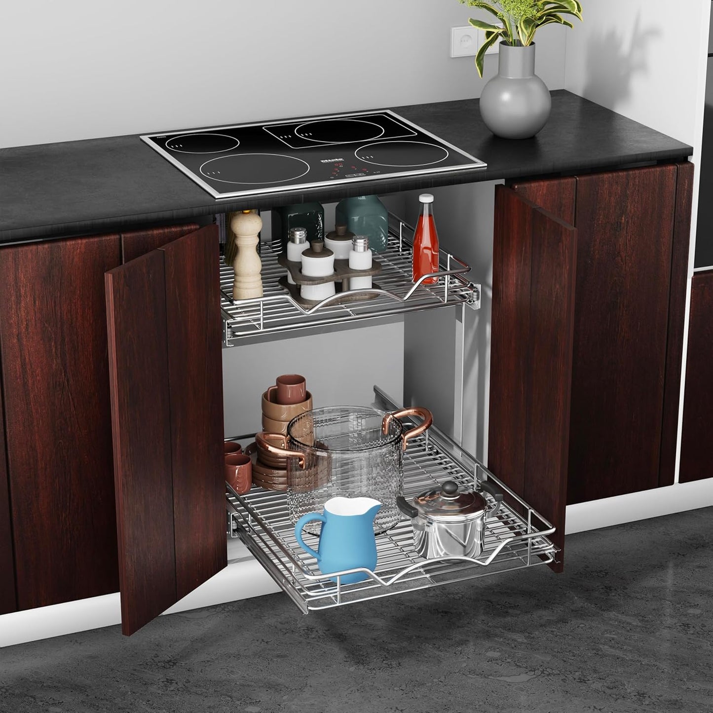 HOLDN’ STORAGE Two Tier Pull Out Cabinet Organizer, Individual Sliding Drawers - Heavy Duty Metal with Lifetime Limited Warranty - Anti Rust Chrome Finish - 8.5" W x 21”D x 16.5" H