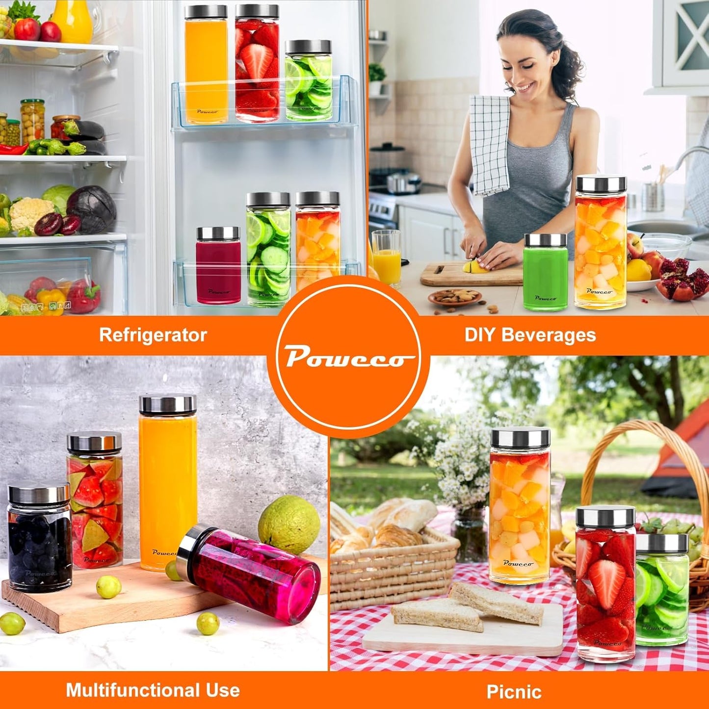 16oz Glass Juice & Water Bottles 6-Pack with Lids- Wide Mouth Reusable Borosilicate Glass- for Juicing, Smoothies, Protein Shakes, Blender & Shaker Bottle- Refillable & Dishwasher Safe(16 oz/500ml)