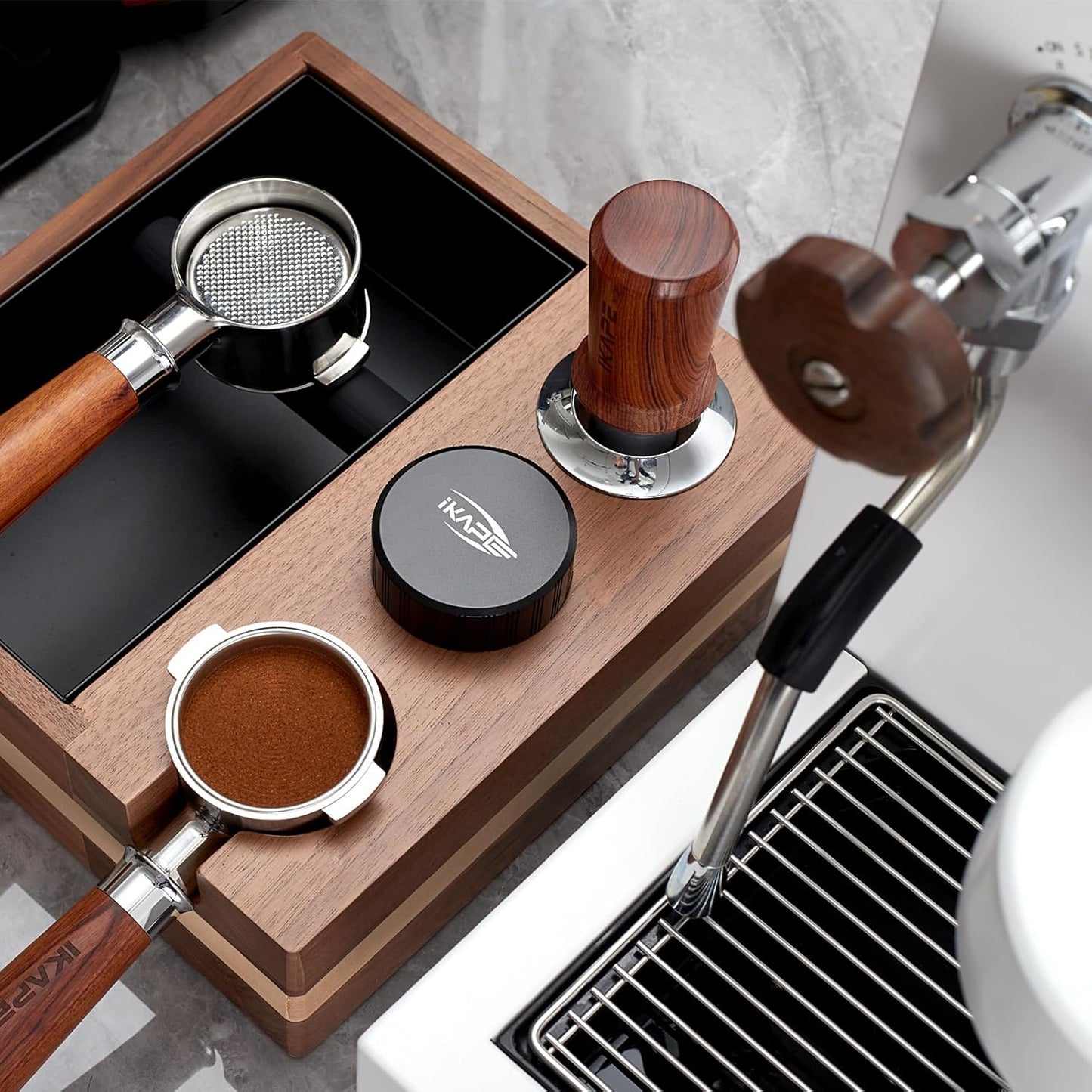 IKAPE 51mm Espresso Coffee Tamper, Spring-loaded Calibrated Tamper with Premium Stainless Steel, Walnut Wooden-Handle Tamper Compatible with All 51mm Espresso Machine Bottomless Portafilter