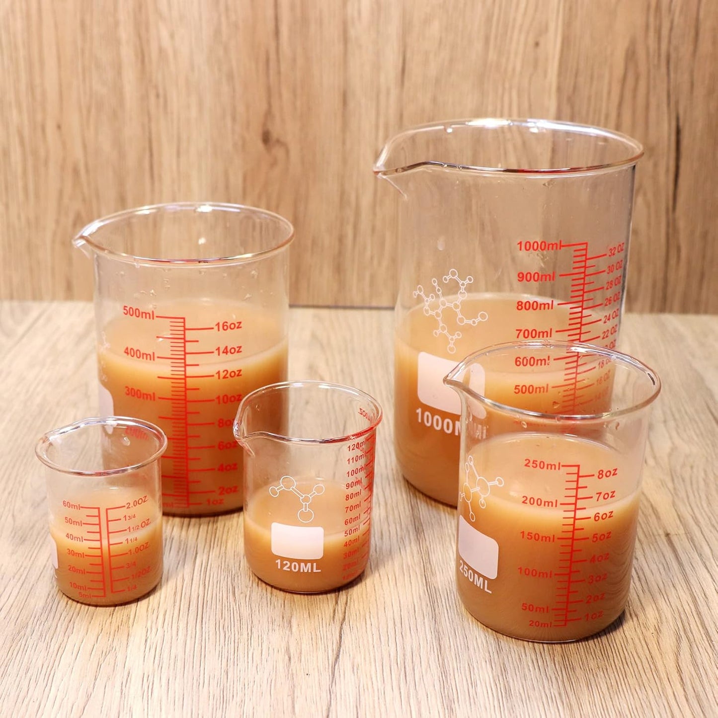 High Borosilicate Glass Measuring Cup Set-V-Shaped Spout,Includes 60ml(2OZ), 120ml(4OZ), 250ml(8OZ), 500ml(16OZ), and 1000ml (32OZ) for Kitchen or Restaurant, Easy to Read