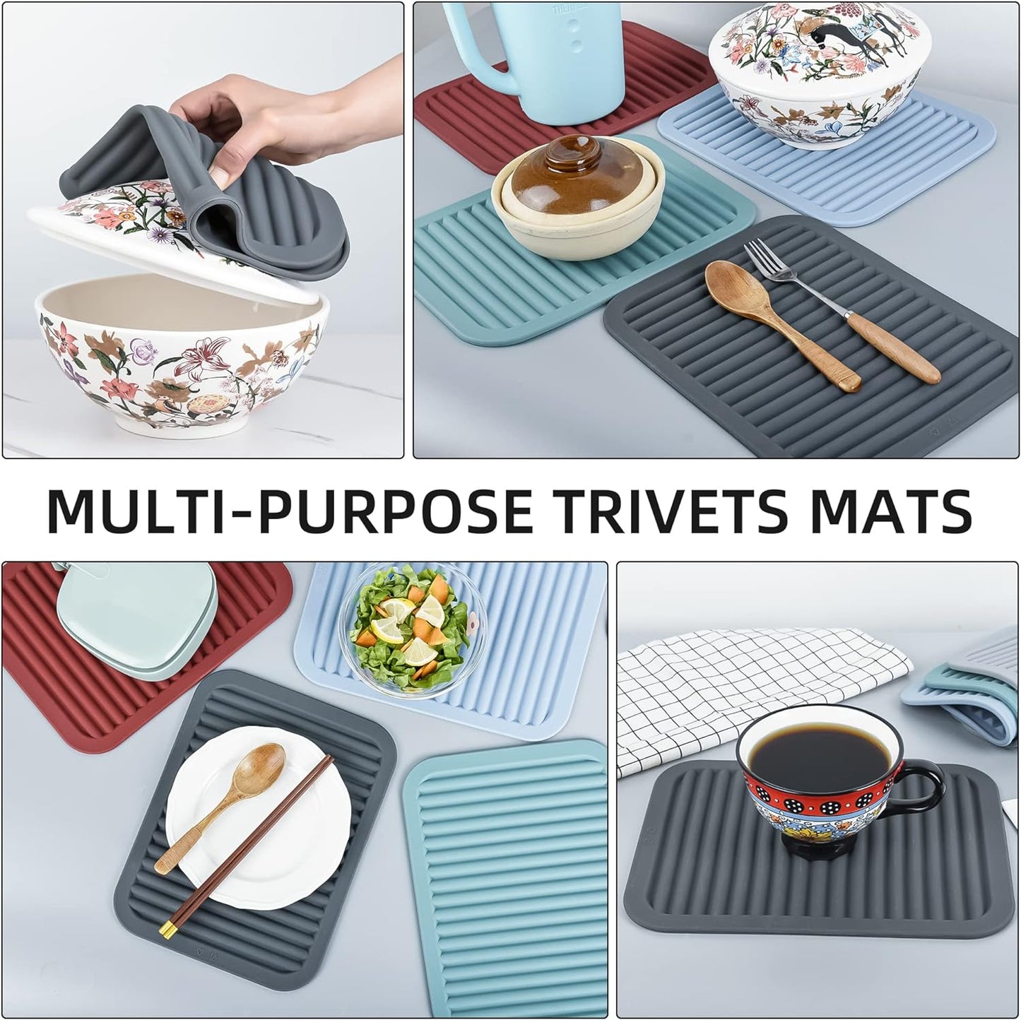 Silicone Trivet Mat for Hot Pots and Pans, Heat Resistant Silicone Mat, Multipurpose Trivets Mats, Flexible Durable Blue Hot Pads for Countertops, Non-Slip Rectangular Pad Pot Holder 2 Set