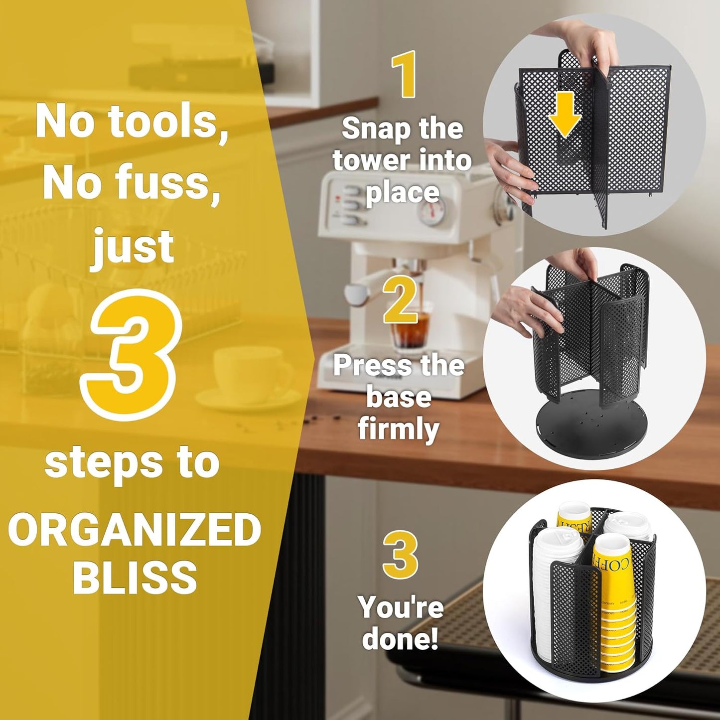 4-Compartment Rotating Paper Cup Holder & Coffee Cup Lid Storage Dispenser, Plastic Cup Dispenser Removable, Space-Saving Countertop Cup Holder for Coffee Bars, Kitchens (Black)