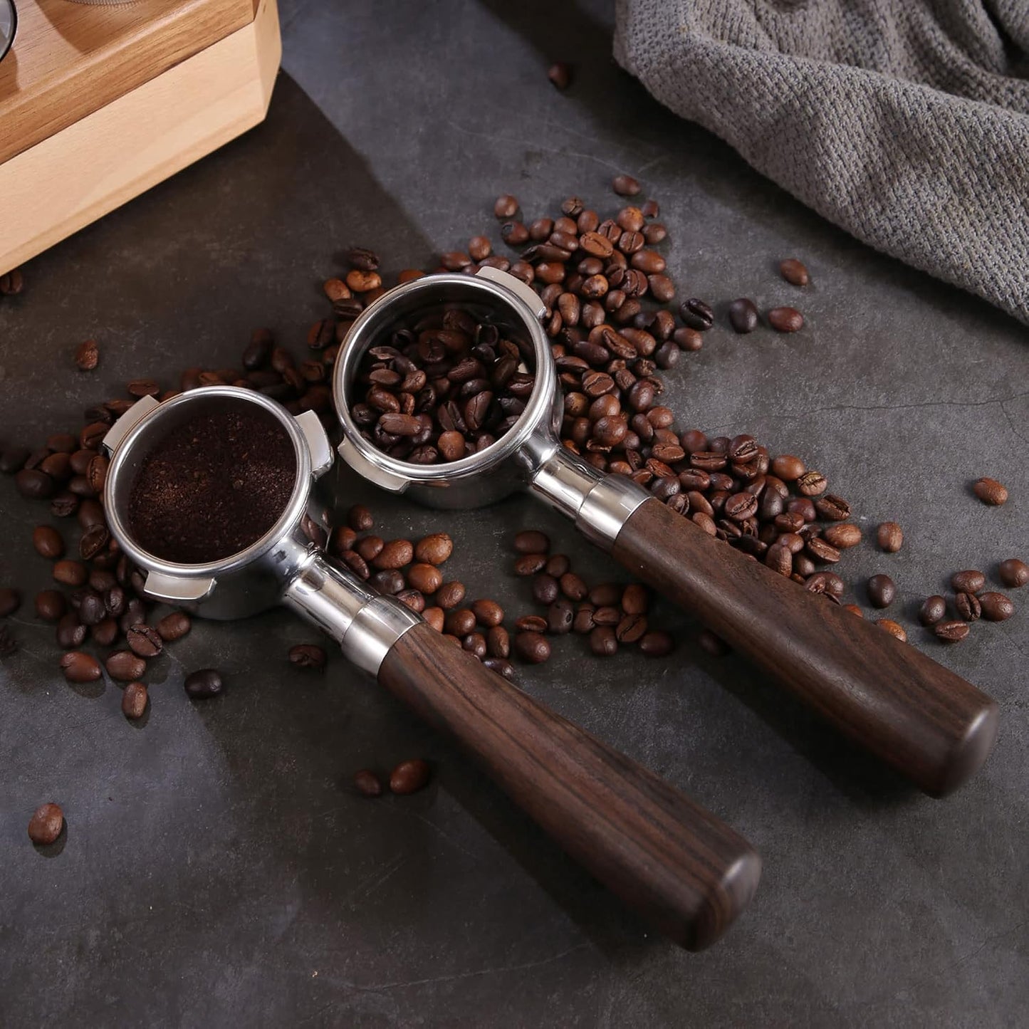 58mm Bottomless Portafilter with Double Shot Filter Basket & Wood Handle for Breville Oracle, Oracle Touch, Dual Boiler BES980XL BES990BSS BES920XL Espresso Machine