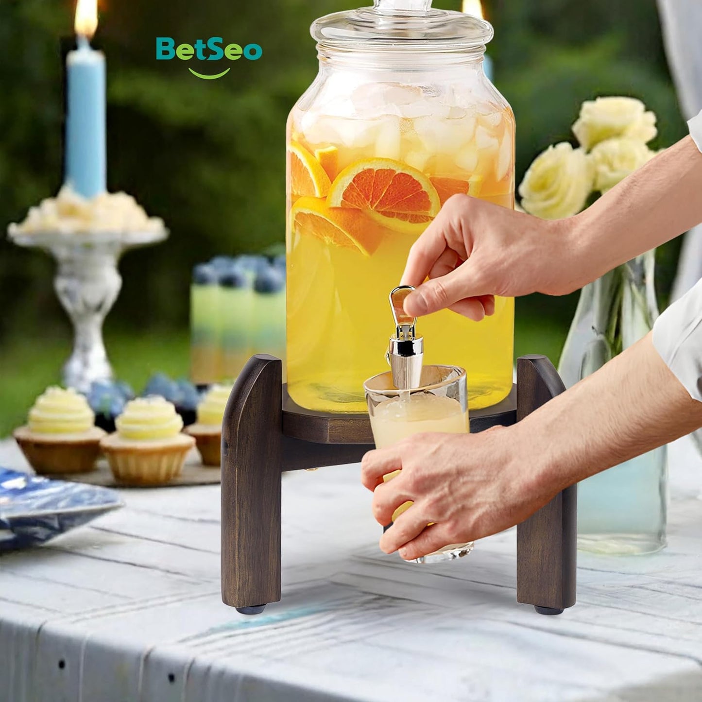 Drink Dispenser Stand Adjustable Width from 8" to 11.2" Wide - Beverage Jar and Water Plastic Jug Holder - to plant flower pots - Adjustable up to11.2-inch Wide (For 5-Gal Jug 8"-11.2")- Walnut Color