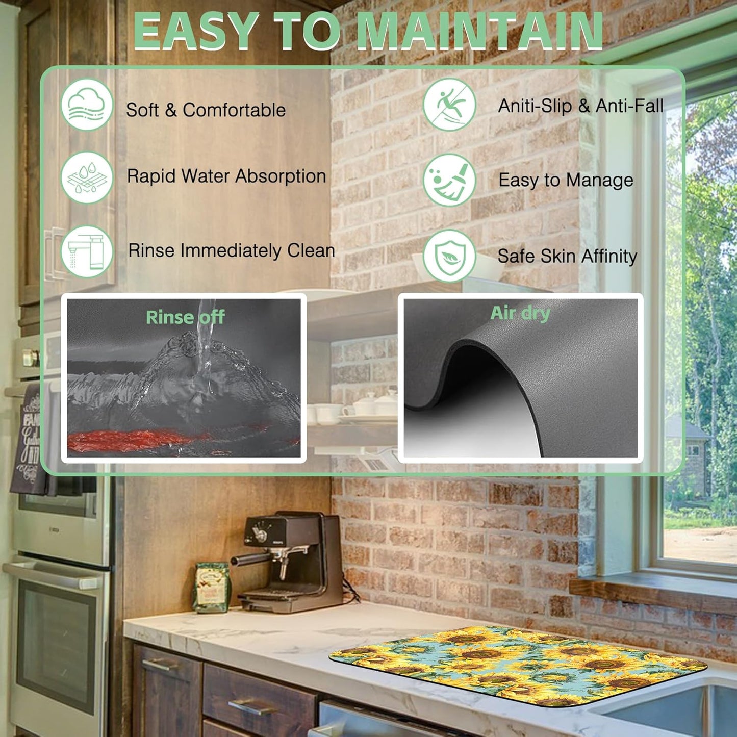 Dish Drying Mat Watercolor Rustic Sunflower Dish Drying Pad,16"X24" Bsorbent Coffee Mat for Sink Dishes or Under Rack Kitchen Counter Accessories Absorbent Hide Stain Rubber Backed Drying Mat