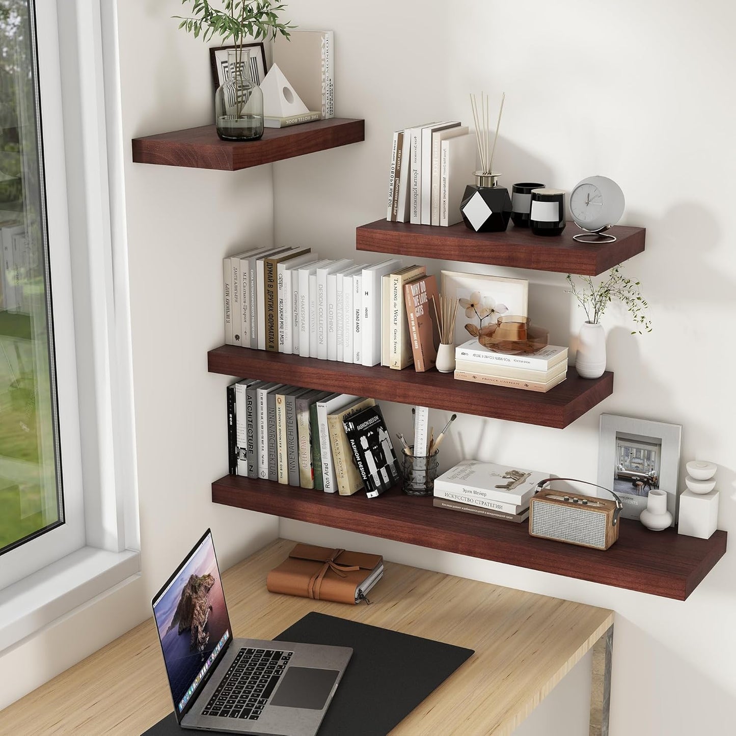 Floating Shelves, 9.3 Inch Deep Floating Shelves for Wall, Solid Wood Shelves 24 Inch Long, Deep Wall Shelves for Living Room, Bathroom, Kitchen, 24"W x 9.3"D x 1.6"H, Red Brown, Set of 2