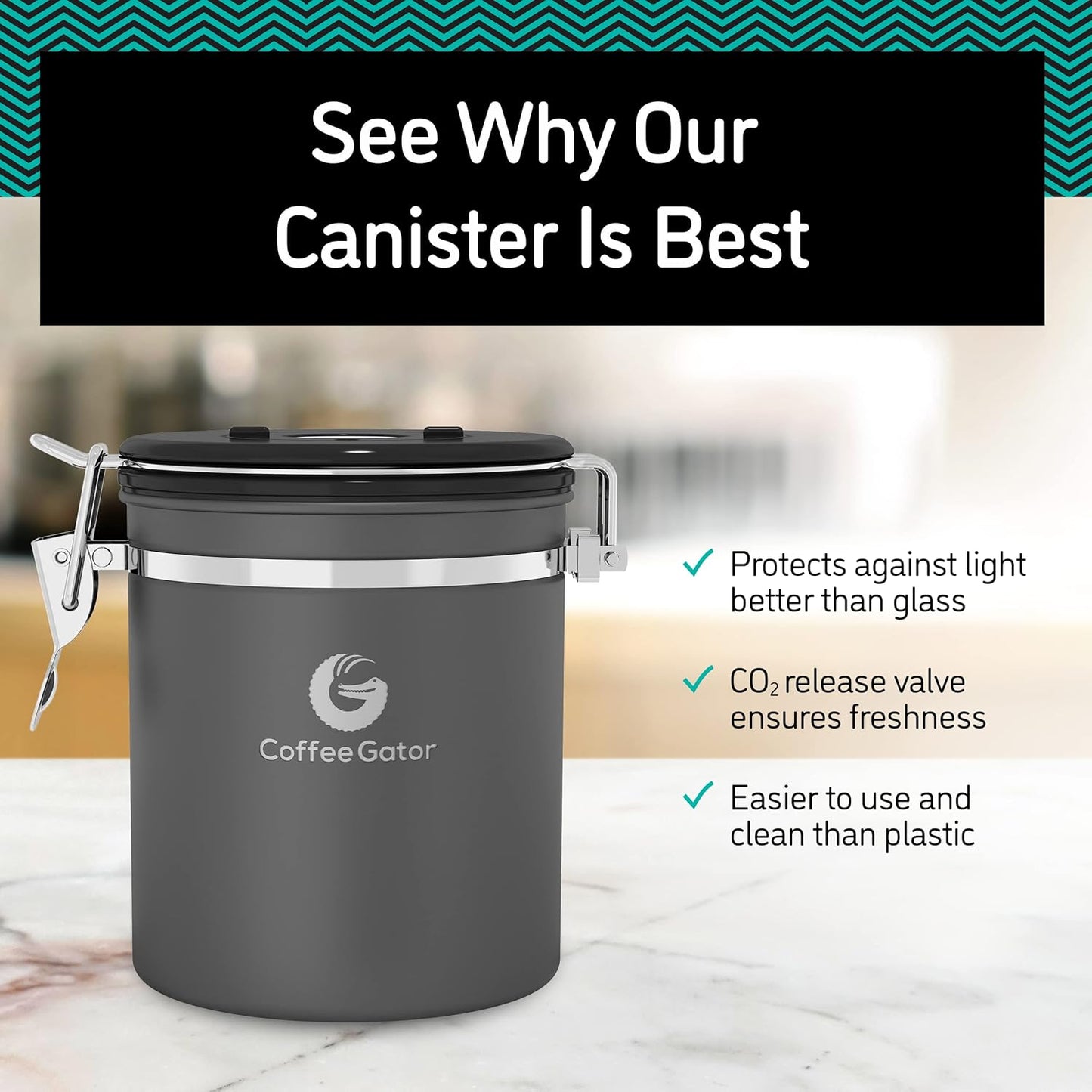 Coffee Gator Coffee Canister, 22oz Airtight Stainless Steel Kitchen Food Storage Container with Date-Tracker, CO2-Release Valve and Scoop for Beans, Grounds, Sugar, Cookies Jars, Tea, Cereal - Gray