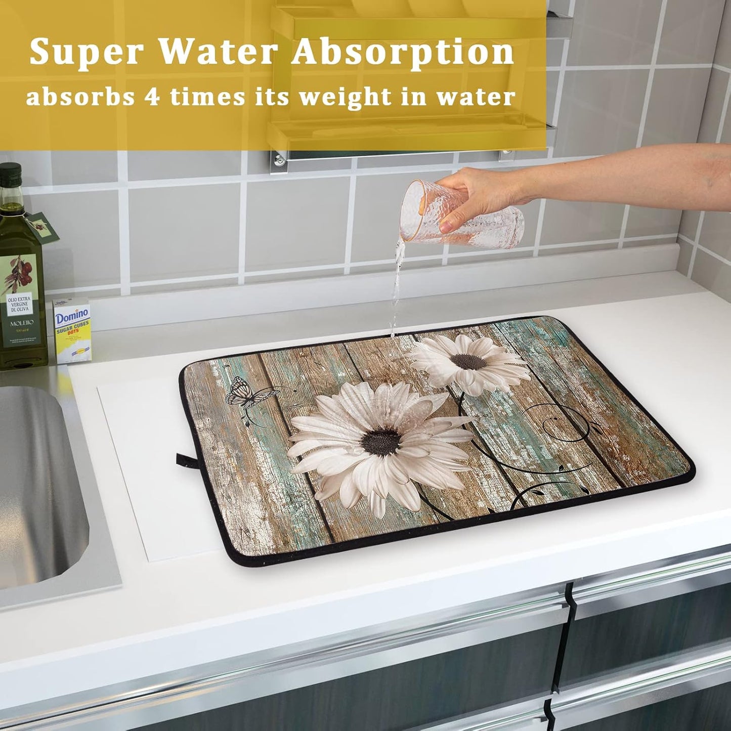 Rustic Daisy Board Dish Drying Mat for Kitchen Countertop 18x24 inch Fall Sunflower on Wooden Plank Dish Drainer Mats Fast Drying Country Shabby Chic Flower Dish Pad Vintage Kitchen Drying Decor Large