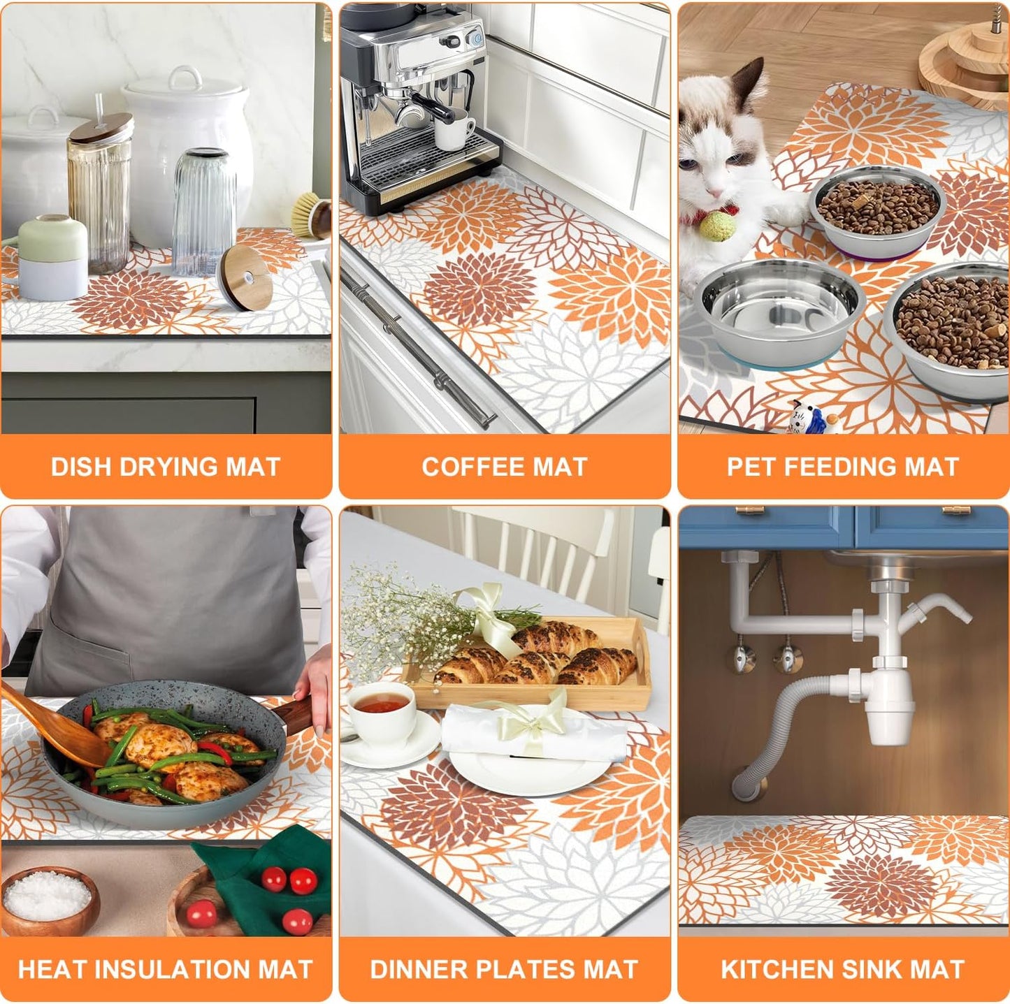 Findosom 2PCS 17" x 32" Fall Dish Drying Mat & 24" x 5.5" Sink Splash Guard, Super Absorbent & Cuttable Dish Mat Drying Kitchen Mat with Orange Floral, Hide Stain Drying Mat for Kitchen Counter