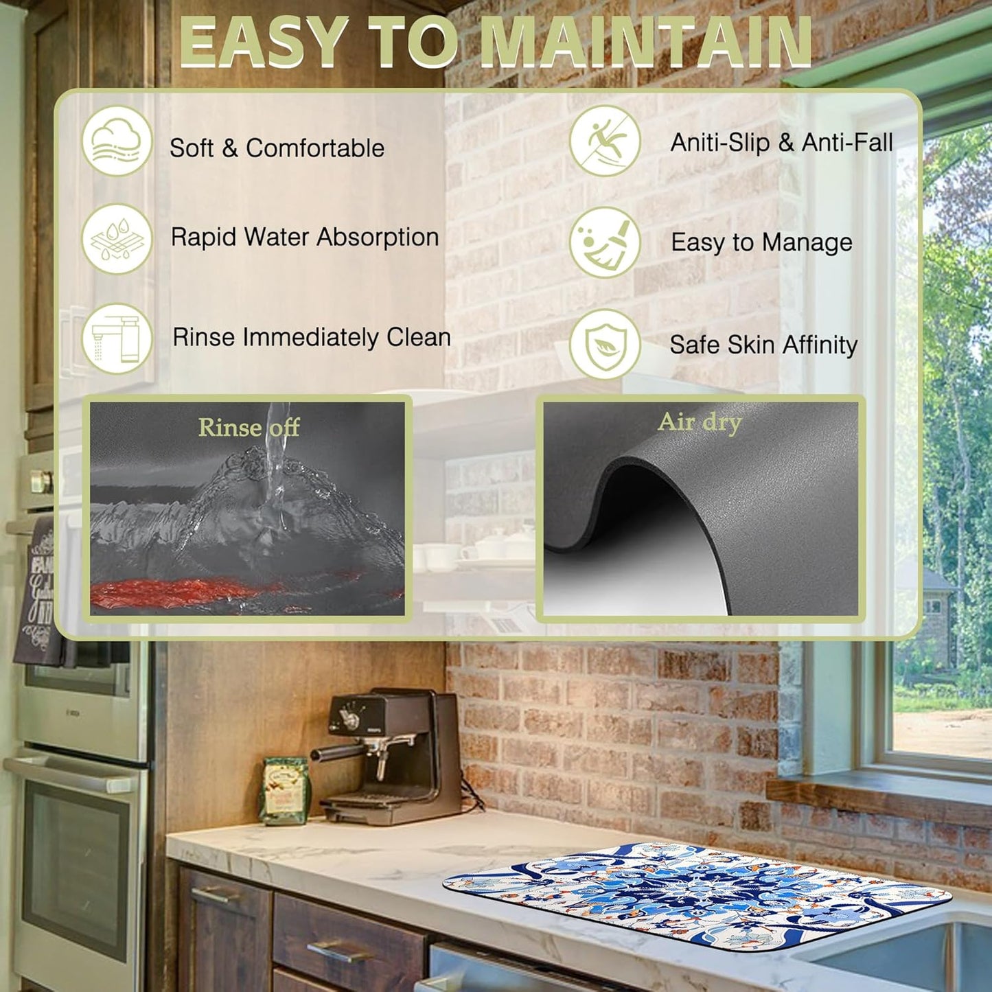 Dish Drying Mat Mandala Blue Floral Kitchen Mat 16"x24" Bsorbent Coffee Maker Mat for Dishes,Utensils Coffee Maker Pots and Pans Easy Clean Dish Slip Resistant Pad