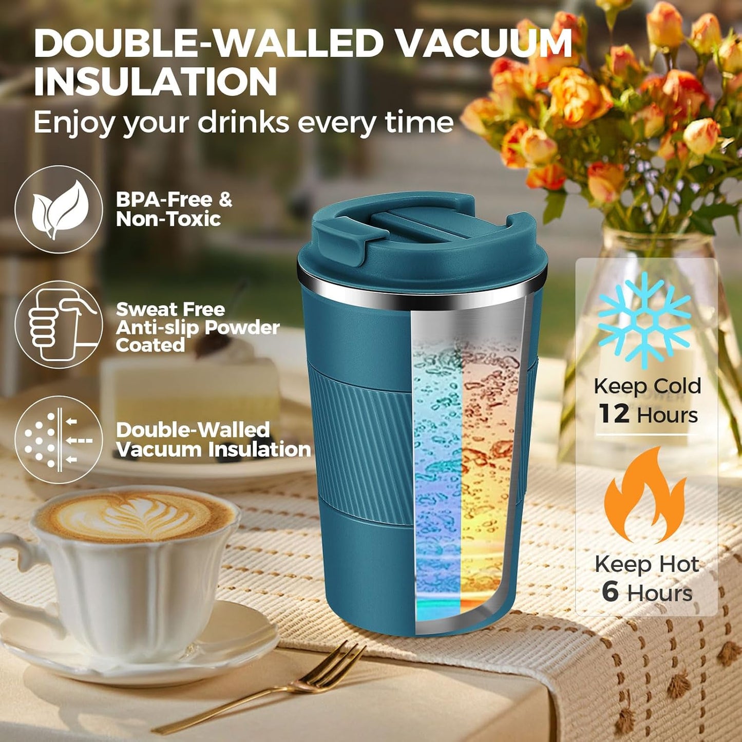 Volhoply 13 oz Stainless Steel Insulated Travel Coffee Mug with Fip Lid Bulk 8 Pack,Reusable Double Wall Vacuum Metal Coffee Cup,Portable Leak Proof Thermal Tumbler for Hot & Cold Drinks(Bule,8)