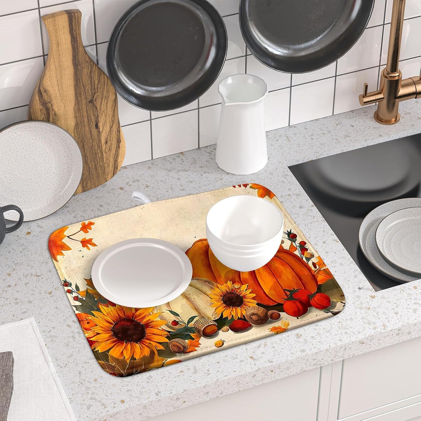 Happy Thanksgiving Day Harvest Dish Drying Mat for Kitchen Counter,Sunflower Maple Leaves Pumpkin Drying Mat 16 x 18 Inch with Absorbent Reversible Microfiber Dish Drying Pad for Coffee Bar
