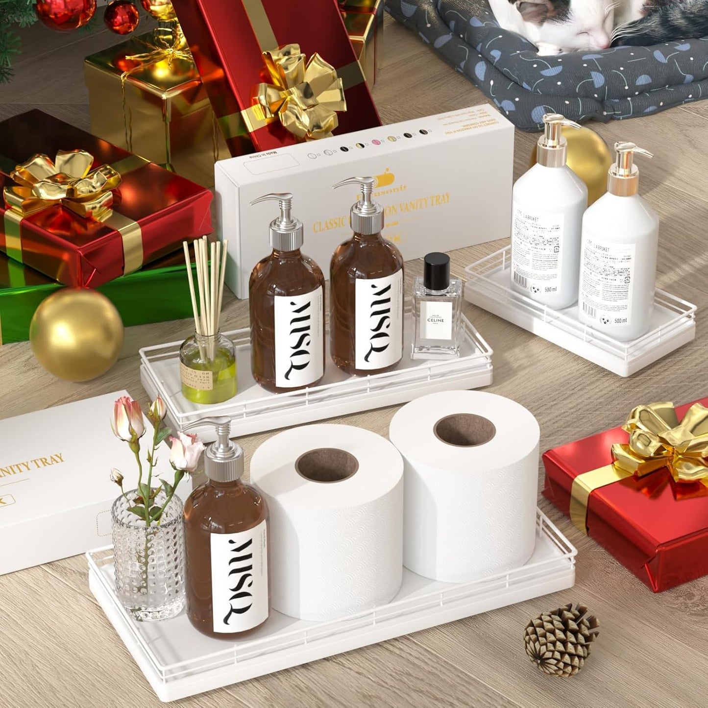 Oak Bathroom Toilet Tank Tray, 13" Wood Toilet Paper Storage Basket Tray Back of Toilet Basket Organizer,for Perfume Makeup Candle Kitchen Counter Coffee Table Decor White