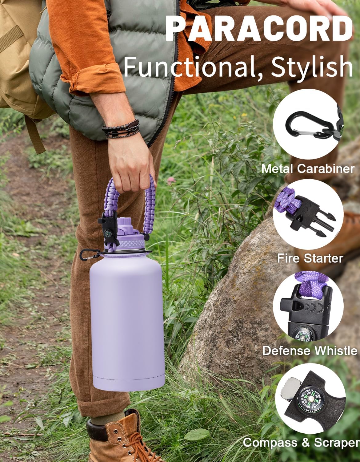 Half Gallon Water Bottle Insulated - 64 oz Water Bottle with Carrying Sleeve, Paracord Handle, Straw Spout Lid, Leak-proof Metal Hydro Water Jug for Workout Sport Hiking Gym, Purple Big Flask Thermo