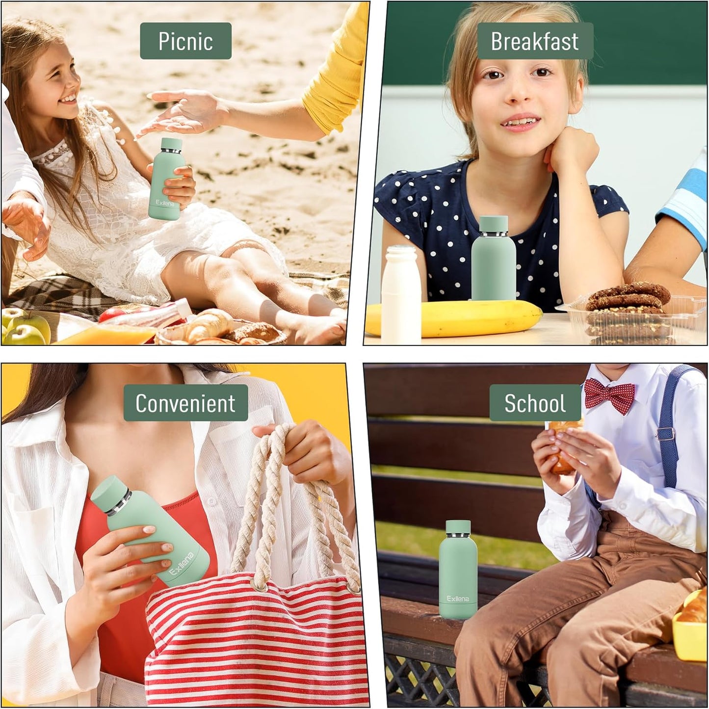 Small Water Bottle 12oz with Clip, Double Wall Stainless Steel Vacuum Small Insulated Water Bottle Keeps Drinks Cold 24 Hrs/Hot 12 Hrs for Kids Handbag School BPA Free (Mint)