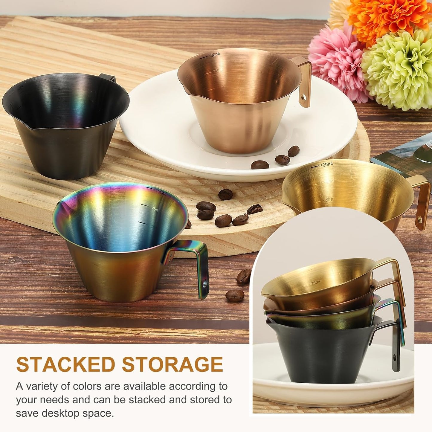 uxcell 1 Pcs Stainless Steel Espresso Cup with Handle, V-Shaped Mouth Espresso Measuring Cup with Scale for Preparing Coffee, Cocktails, 3.4OZ/100ML (Rose Gold)