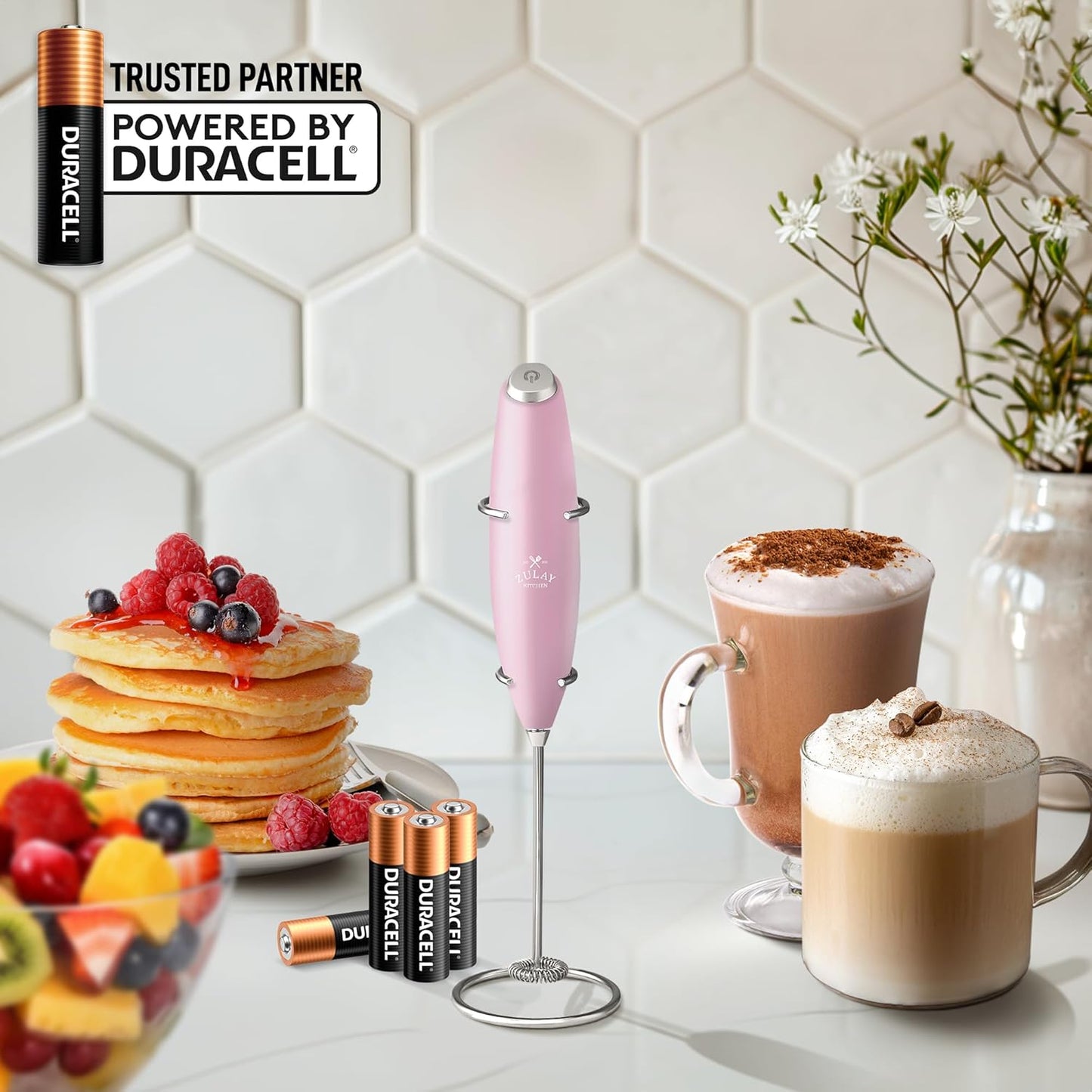 Zulay Powerful Milk Frother (4 Duracell Batteries Included) - Handheld Milk Frother Wand Drink Mixer for Coffee - Powerful Milk Foamer for Cappuccino, Frappe, Matcha & Creamer - Cotton Candy