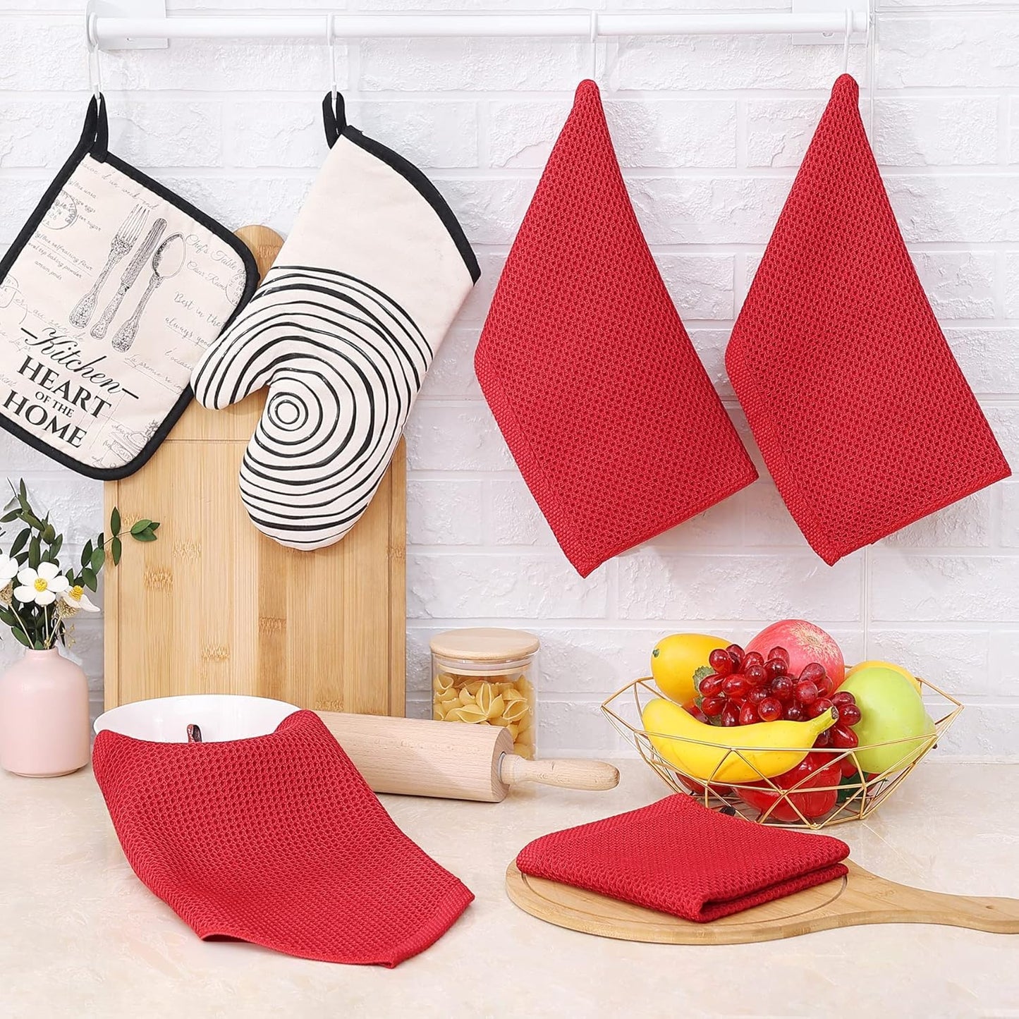 Homaxy 100% Cotton Waffle Weave Kitchen Dish Cloths, Ultra Soft Absorbent Quick Drying Dish Towels, 12 x 12 Inches, 6-Pack, Red