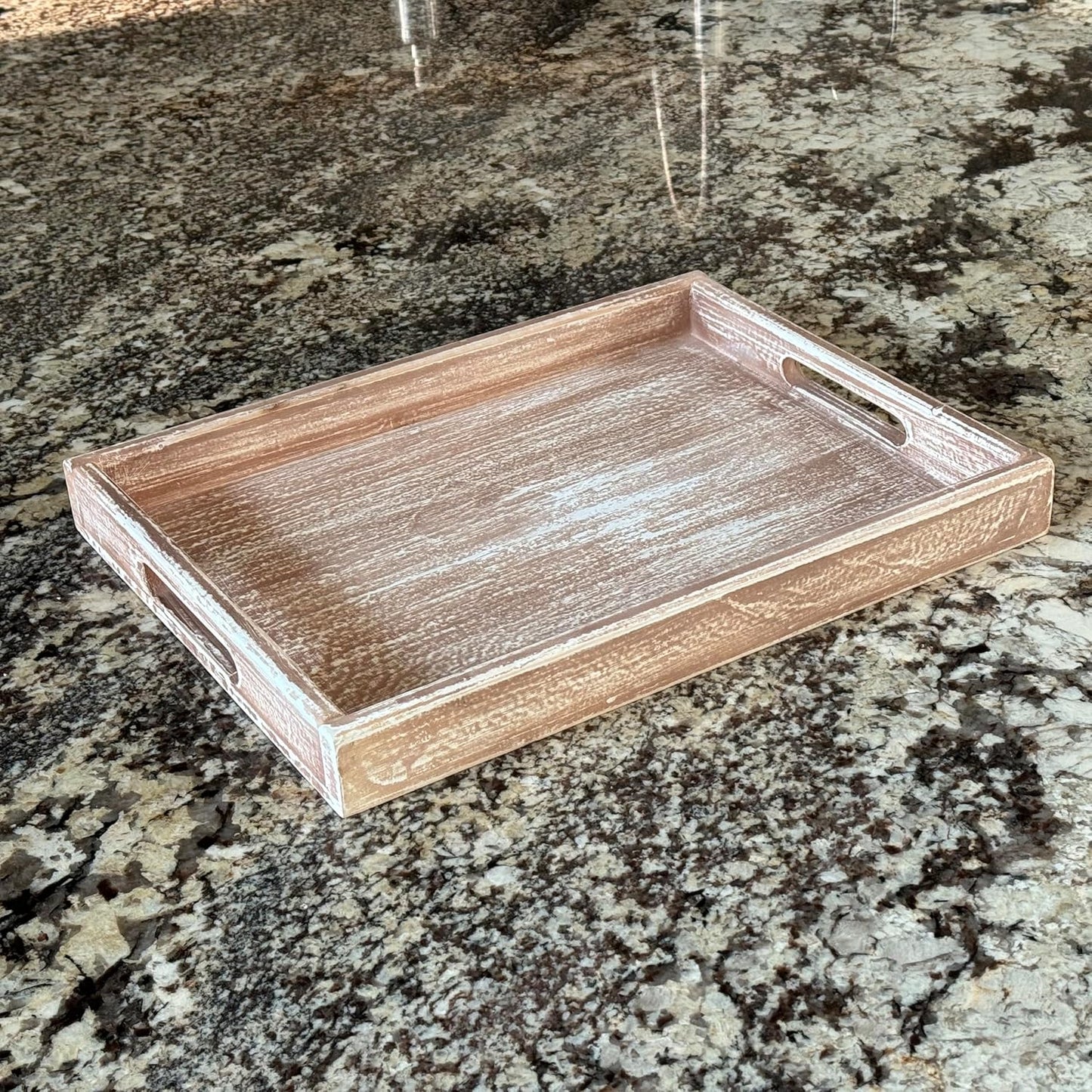 Allgala Wooden Tray - 17"x13"x2" Vintage Beige Rectangle Stylish Rustic Farmhouse Decor Serving Platter