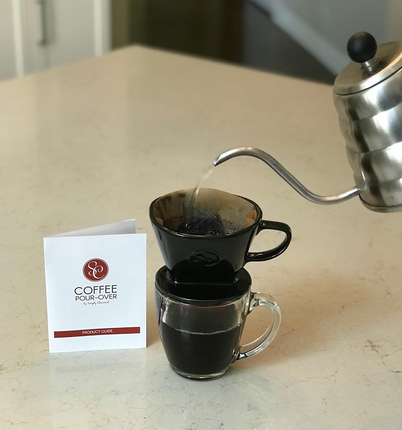 Simply Charmed Coffee Pour Over Single Cup Ceramic Brewer Coffee Maker with Melitta Filters (Black) 8-16 oz Depending on How Much Water/Grounds You Use