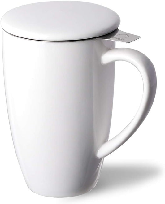 Sweejar Porcelain Tea Infuser Cup with Lid, 16 oz Teacup with Strainers for Loose Leaf, Microwave and Dishwasher Safe Coffee Mug, Steeping Mug for Tea Drinkers,Christmas Gift (White)