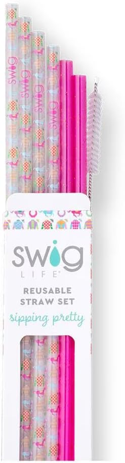 Swig Life Reusable Straws Go Baby Go + Pink Glitter Tall Straw Set & Cleaning Brush, Each Straw is 10.25 inch Long, Kentucky Derby, Horse Racing (Fits Swig Life 20oz Tumblers, 22oz, and 32oz Tumblers)